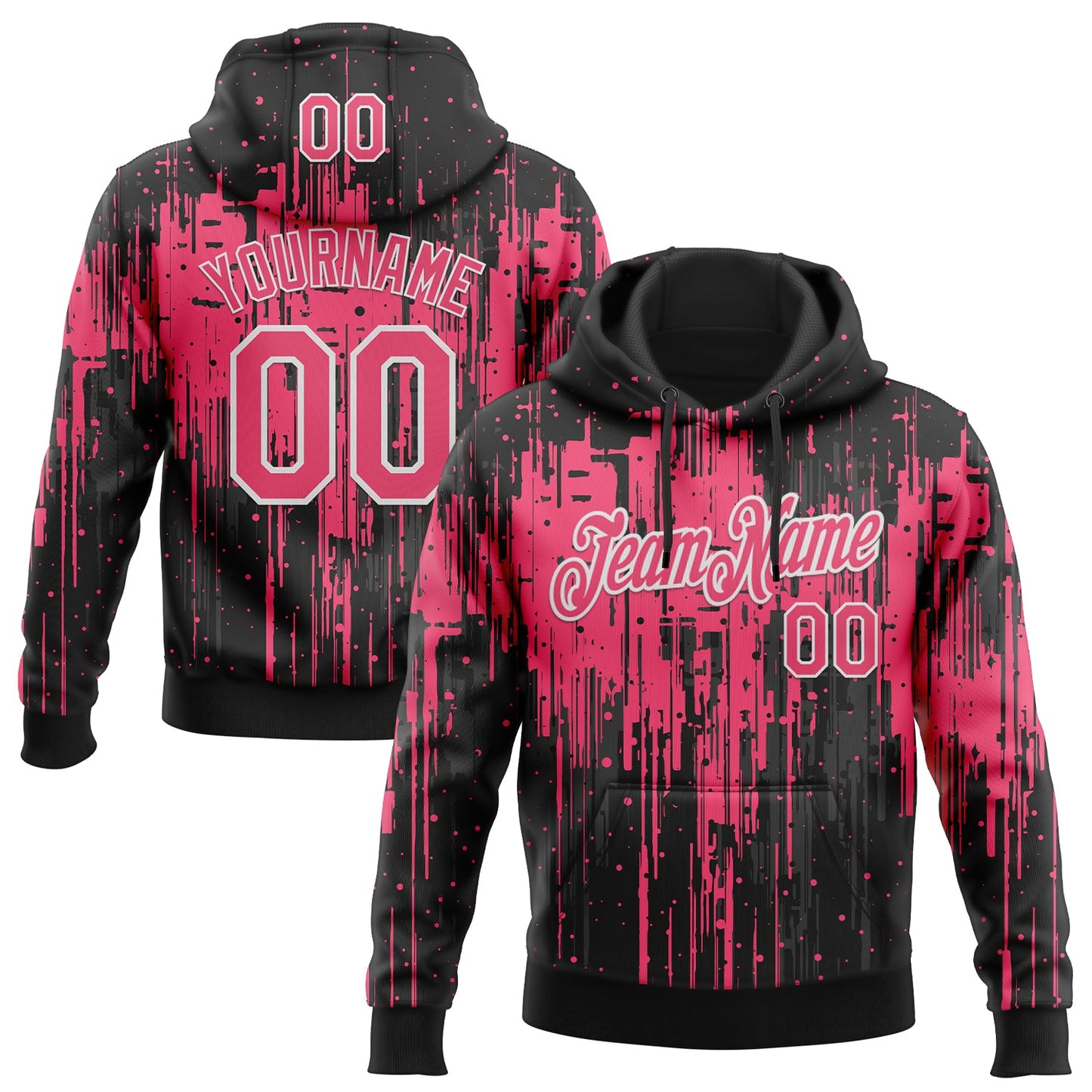 Custom Stitched Black Neon Pink-White Dripping Splatter Sports Pullover Sweatshirt Hoodie - Main View