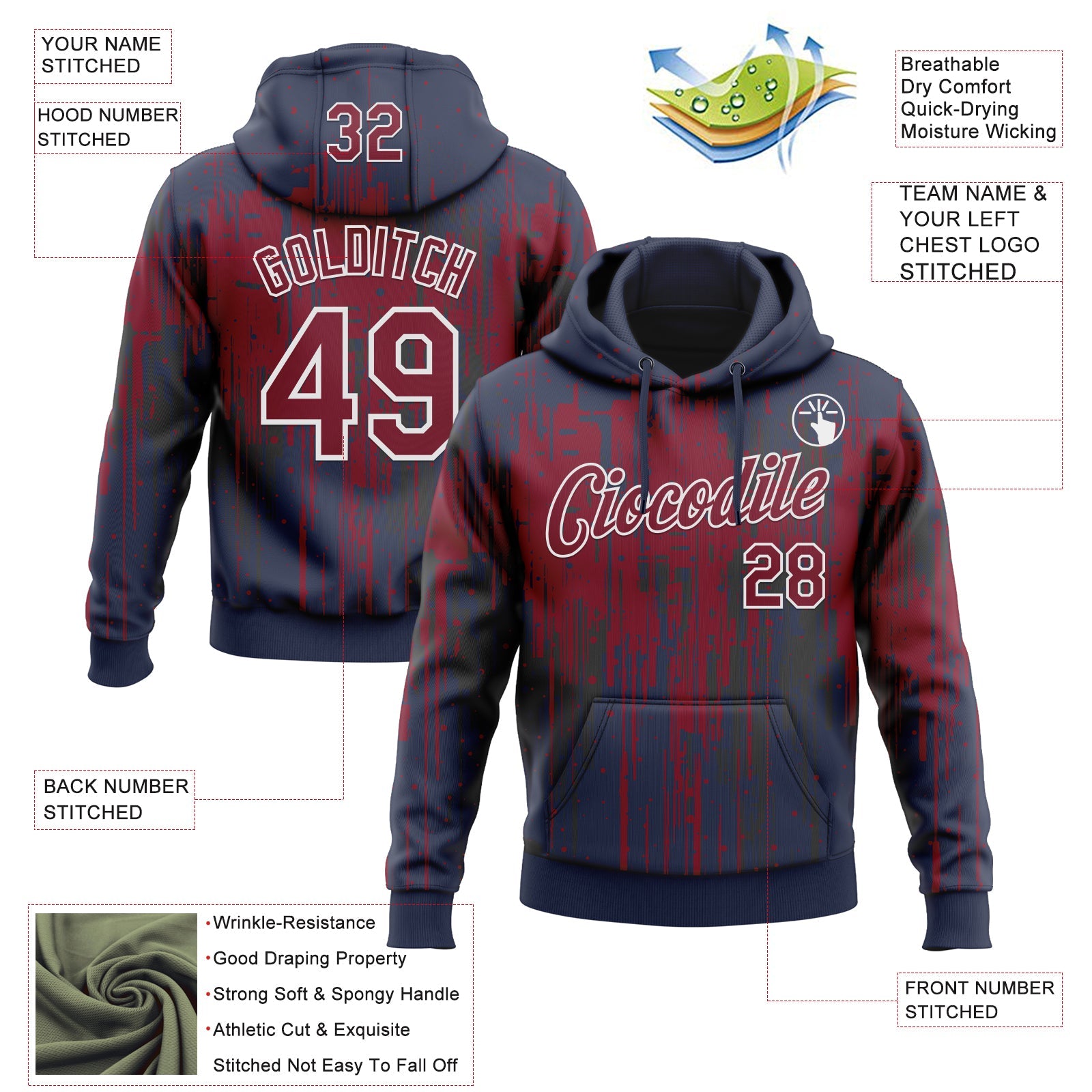 Custom Stitched Navy Crimson-White Dripping Splatter Sports Pullover Sweatshirt Hoodie view 4