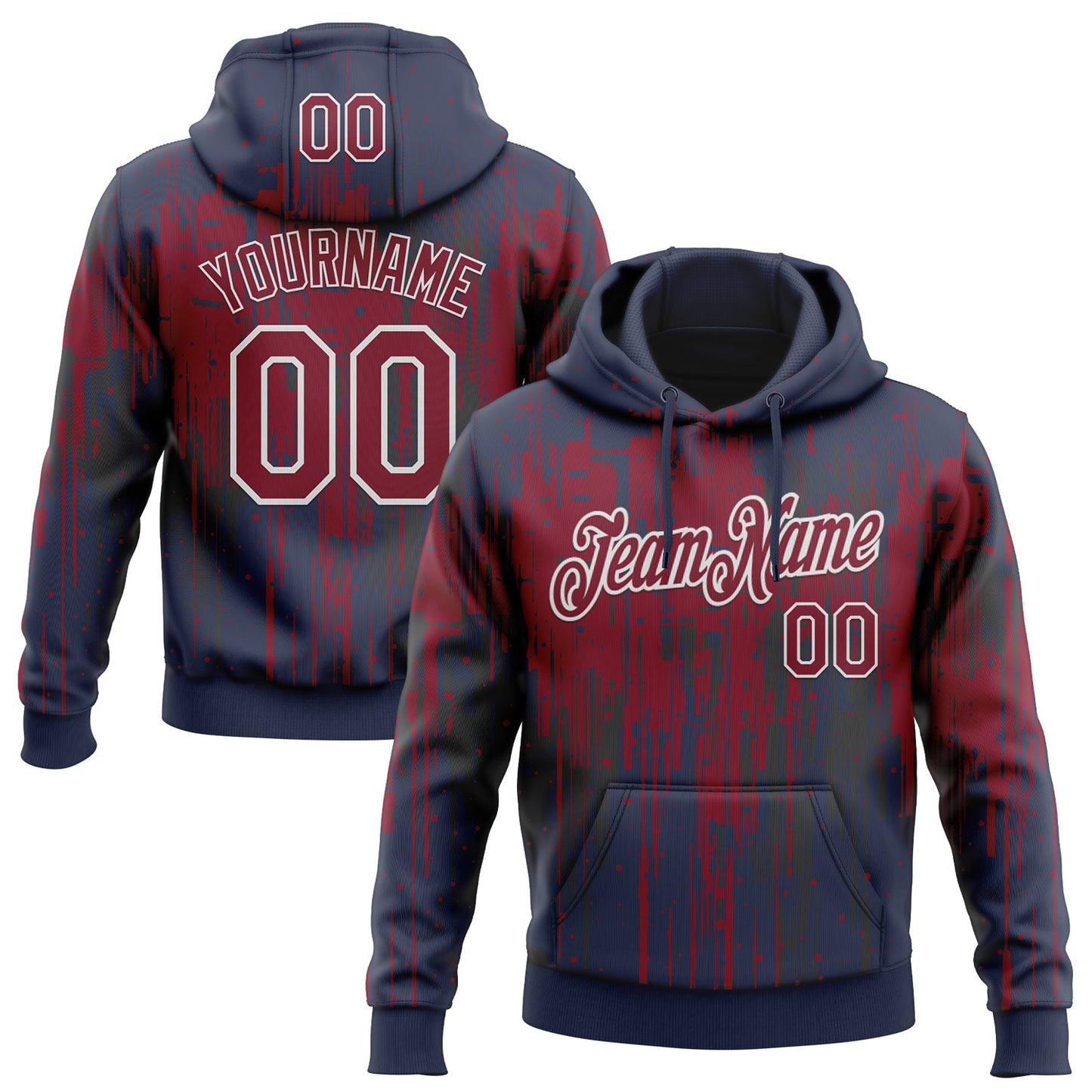 Custom Stitched Navy Crimson-White Dripping Splatter Sports Pullover Sweatshirt Hoodie - Main View