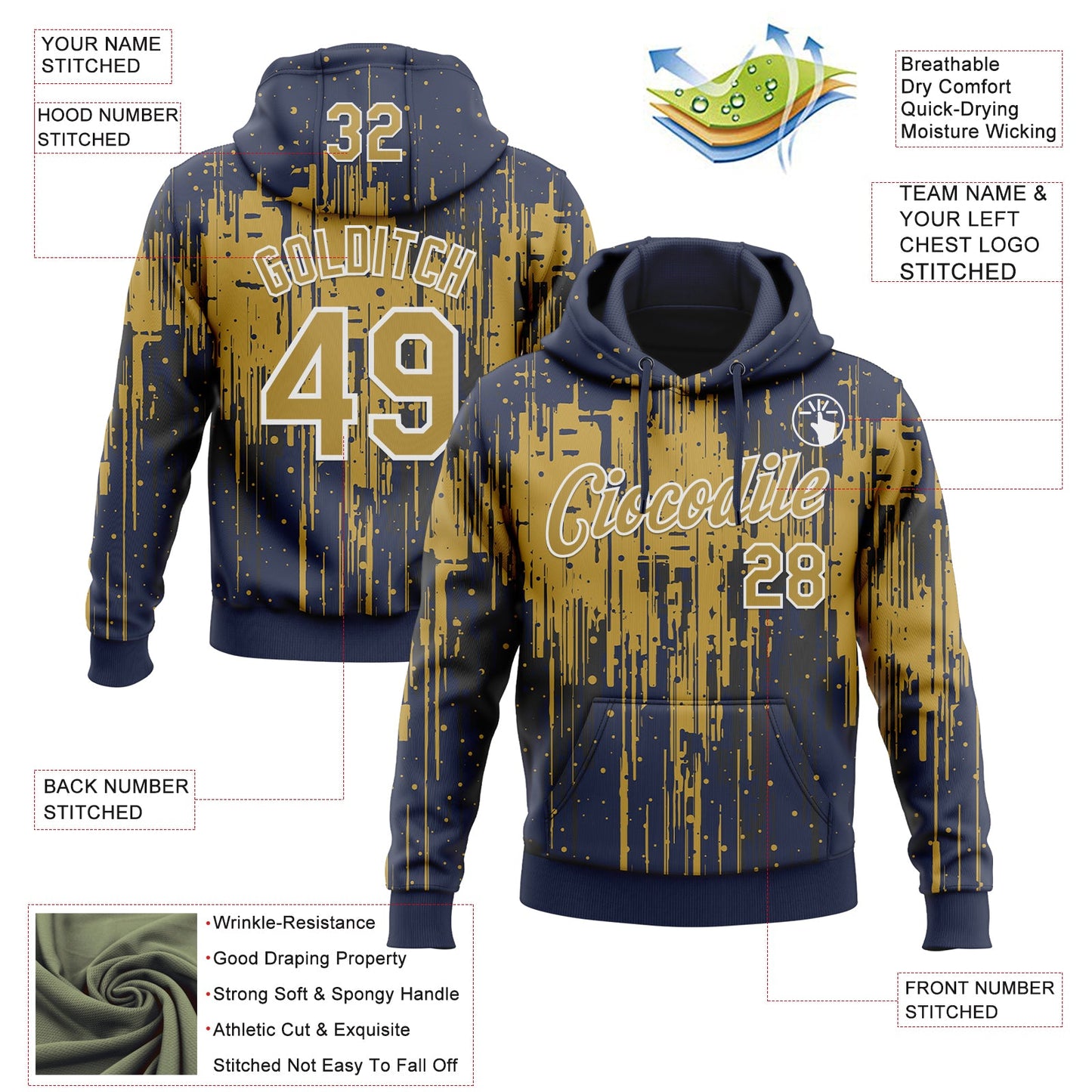 Custom Stitched Navy Old Gold-White Dripping Splatter Sports Pullover Sweatshirt Hoodie view 4