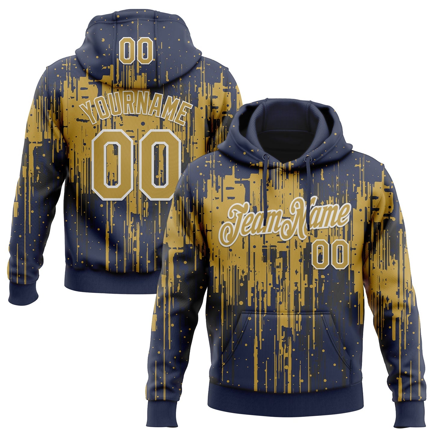 Custom Stitched Navy Old Gold-White Dripping Splatter Sports Pullover Sweatshirt Hoodie - Main View