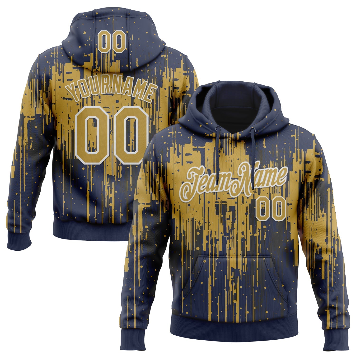 Custom Stitched Navy Old Gold-White Dripping Splatter Sports Pullover Sweatshirt Hoodie - Main View