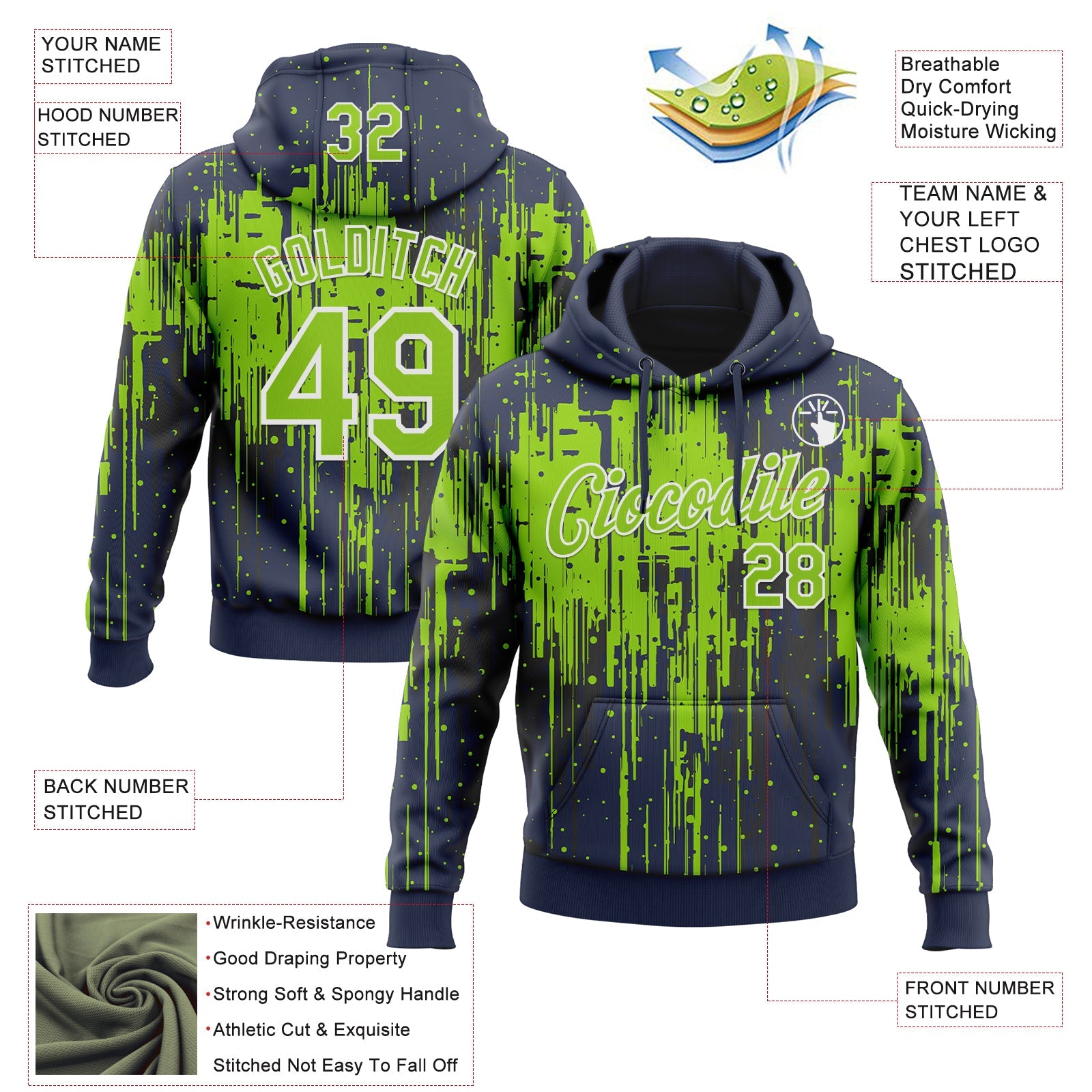 Custom Stitched Navy Neon Green-White Dripping Splatter Sports Pullover Sweatshirt Hoodie view 4
