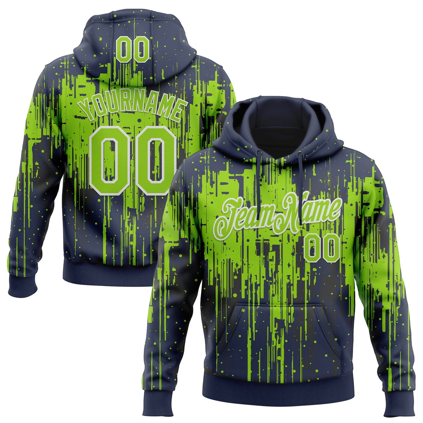 Custom Stitched Navy Neon Green-White Dripping Splatter Sports Pullover Sweatshirt Hoodie - Main View