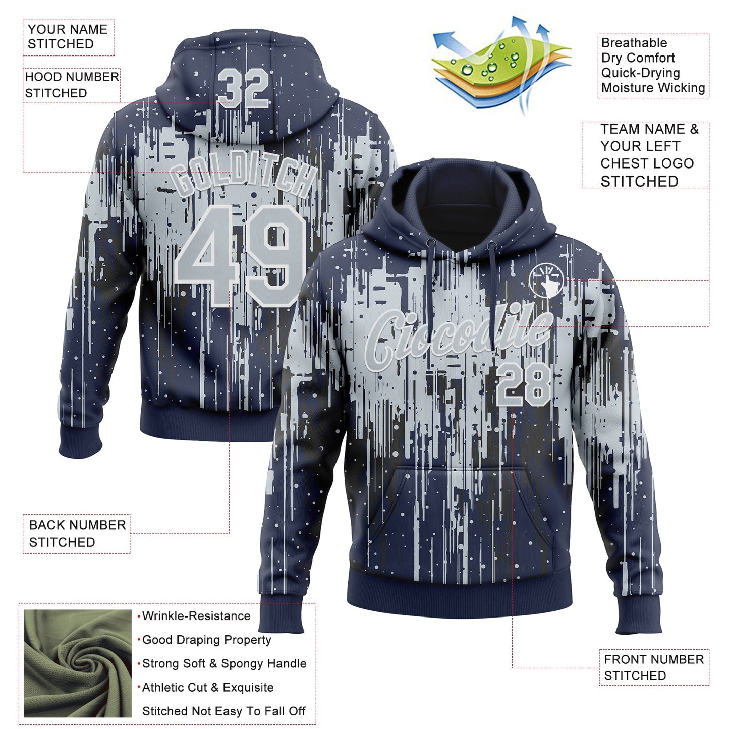 Custom Stitched Navy Silver-White Dripping Splatter Sports Pullover Sweatshirt Hoodie view 4