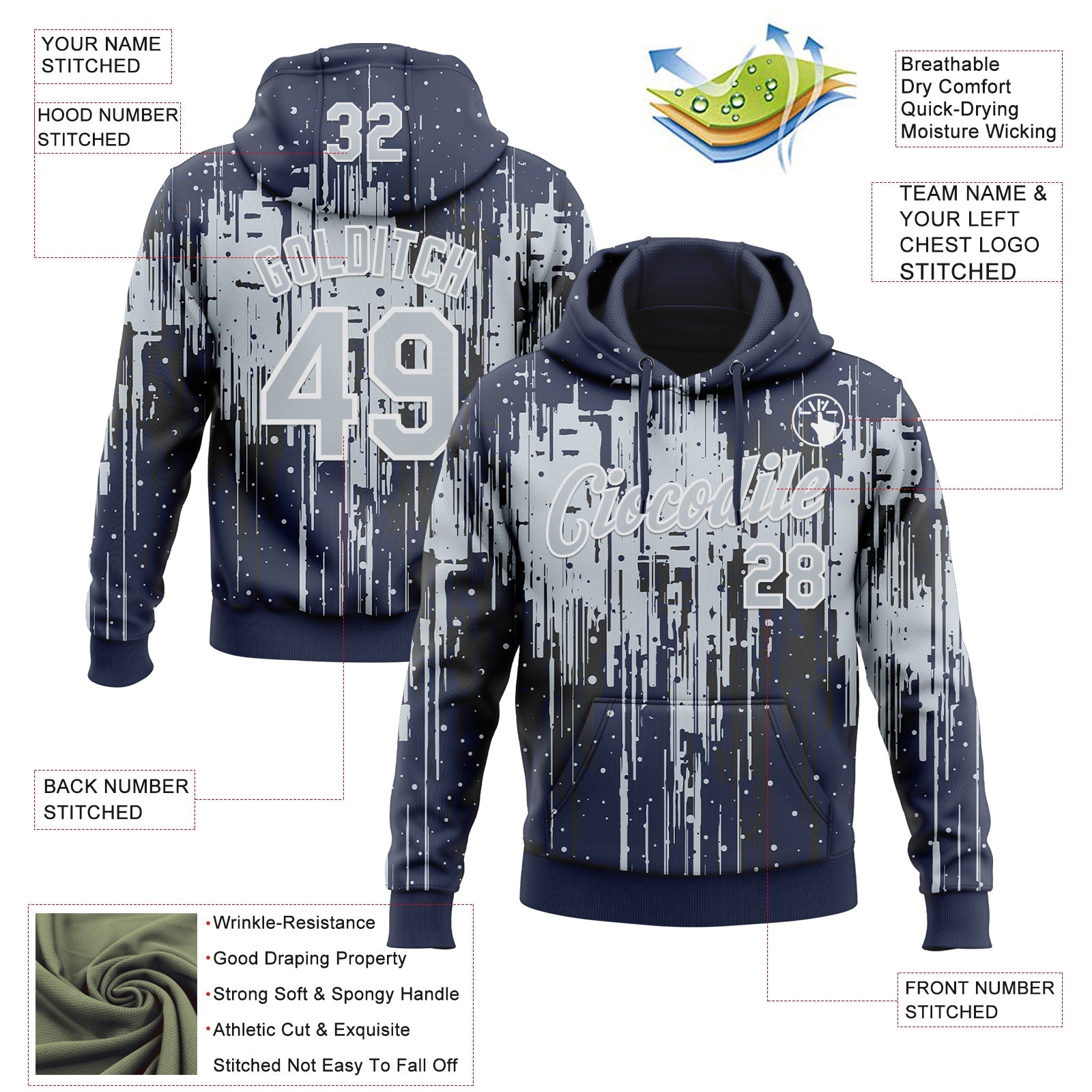 Custom Stitched Navy Silver-White Dripping Splatter Sports Pullover Sweatshirt Hoodie view 4