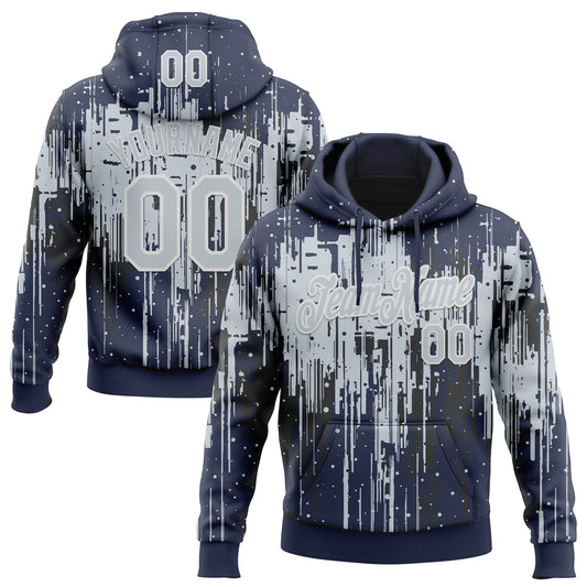 Custom Stitched Navy Silver-White Dripping Splatter Sports Pullover Sweatshirt Hoodie - Main View