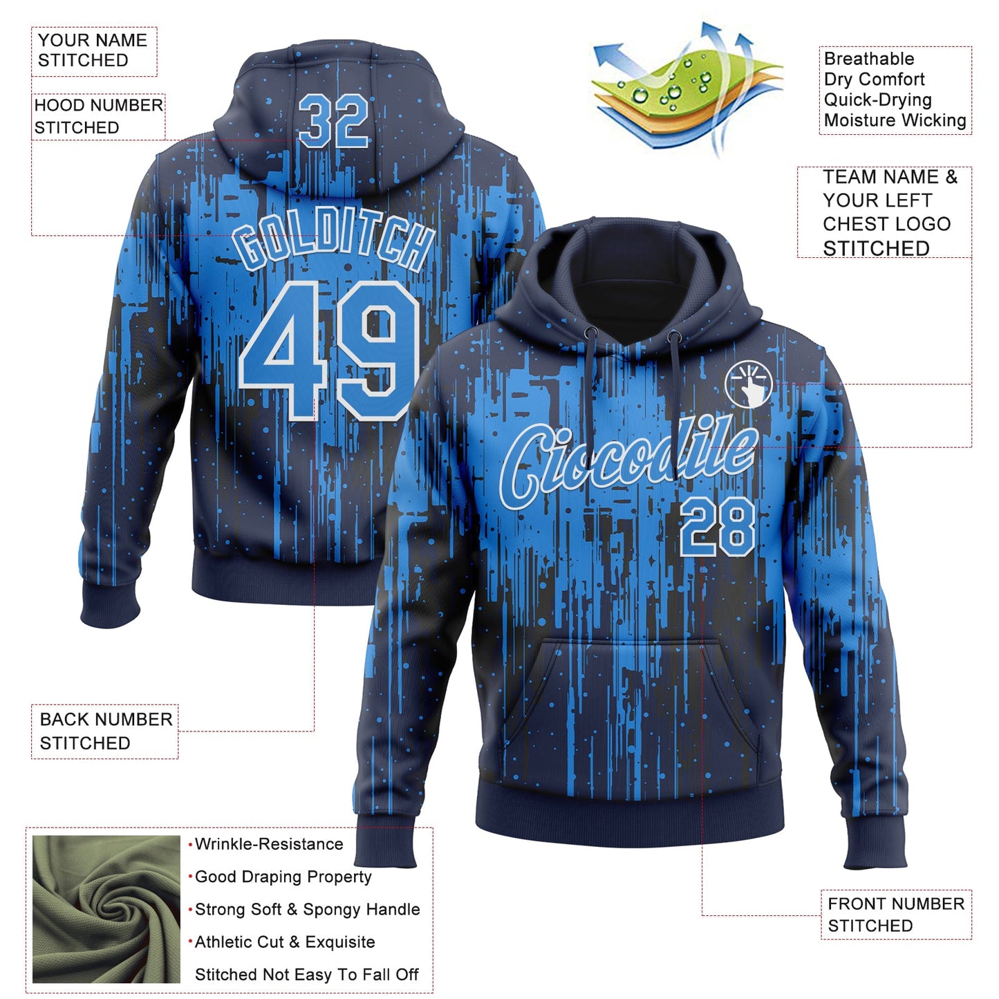 Custom Stitched Navy Powder Blue-White Dripping Splatter Sports Pullover Sweatshirt Hoodie view 4