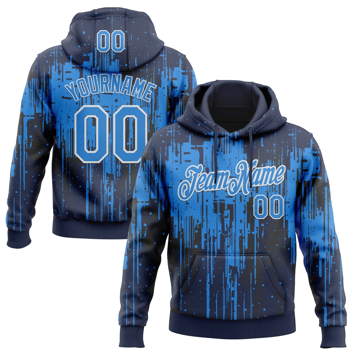 Custom Stitched Navy Powder Blue-White Dripping Splatter Sports Pullover Sweatshirt Hoodie - Main View