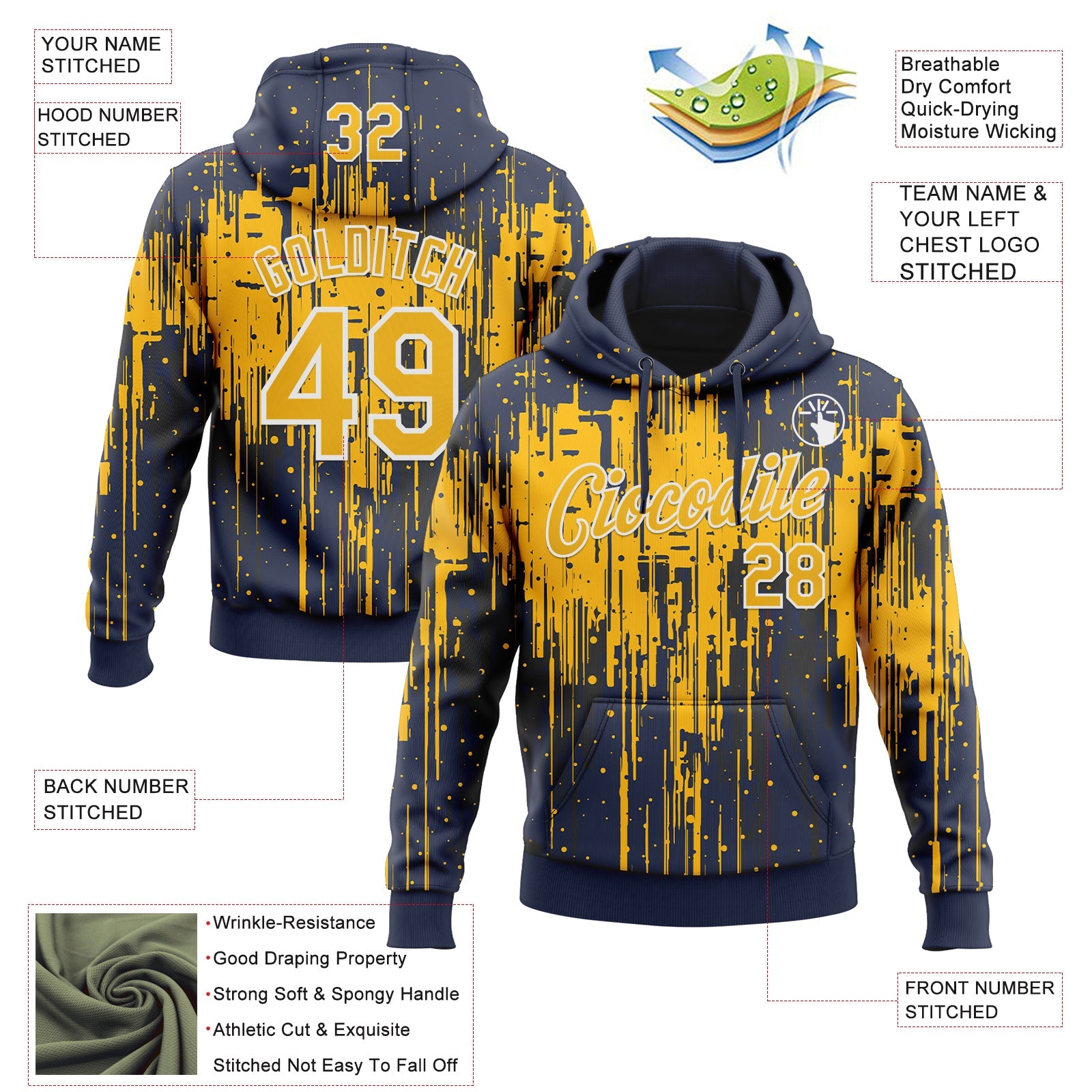 Custom Stitched Navy Gold-White Dripping Splatter Sports Pullover Sweatshirt Hoodie view 4