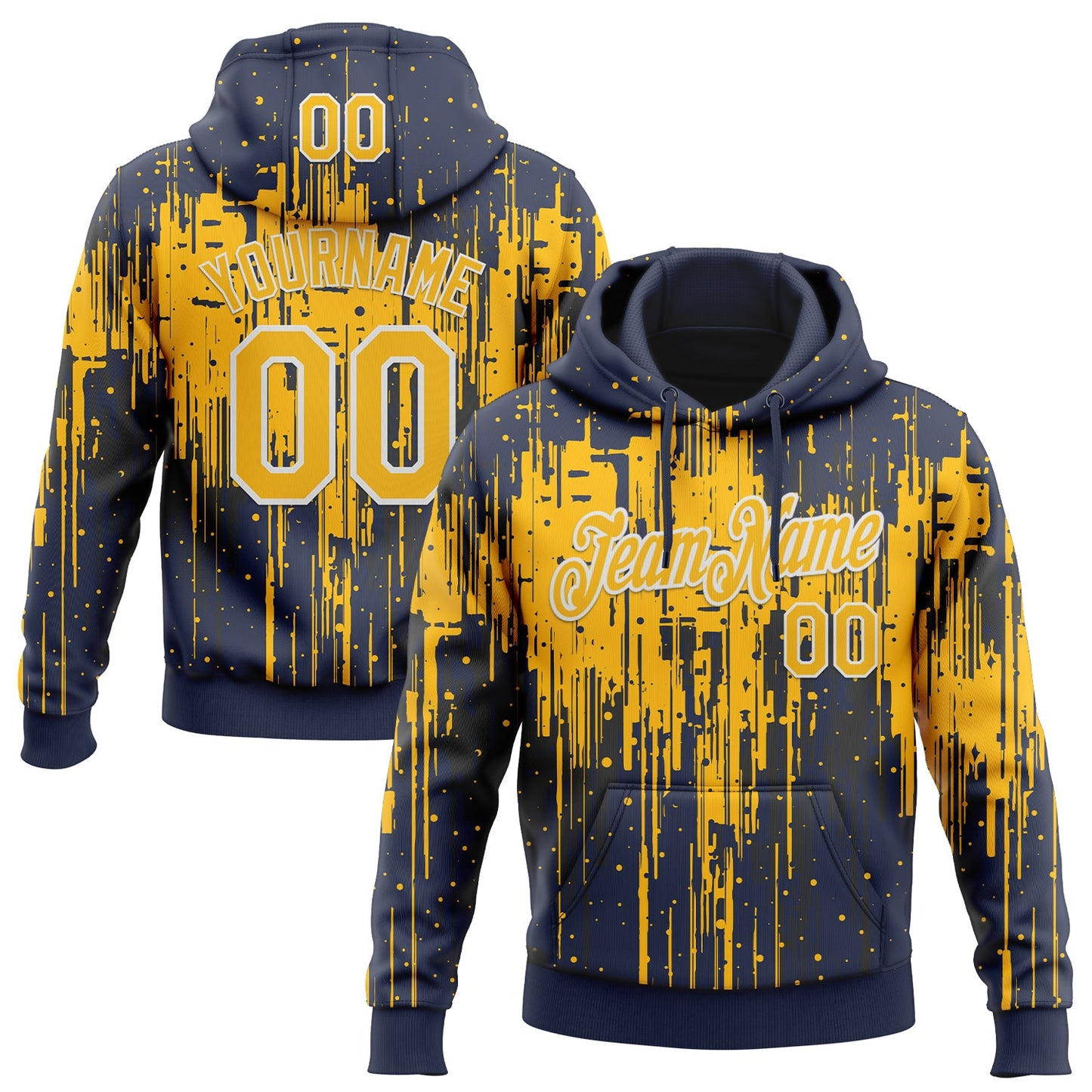 Custom Stitched Navy Gold-White Dripping Splatter Sports Pullover Sweatshirt Hoodie - Main View