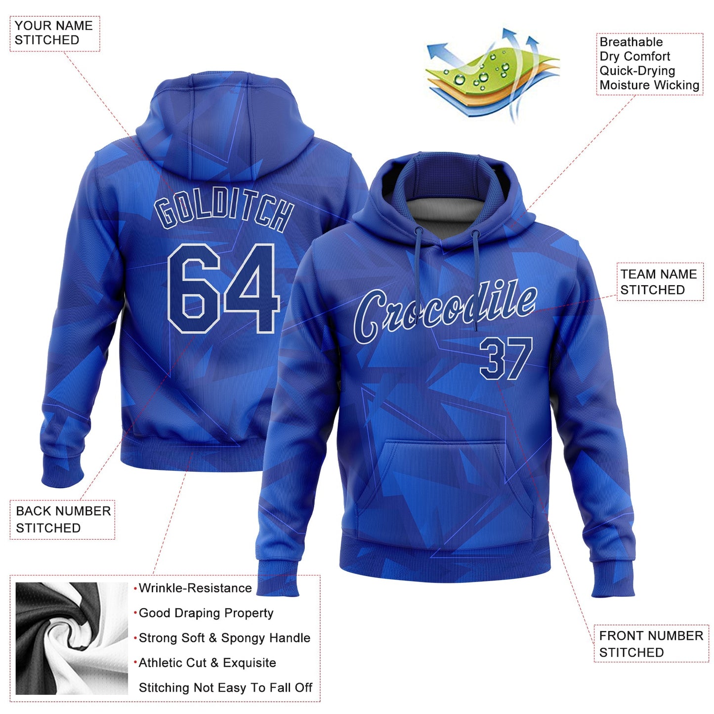 Custom Stitched Royal Roayl Navy-White 3D Pattern Design Sports Pullover Sweatshirt Hoodie view 2
