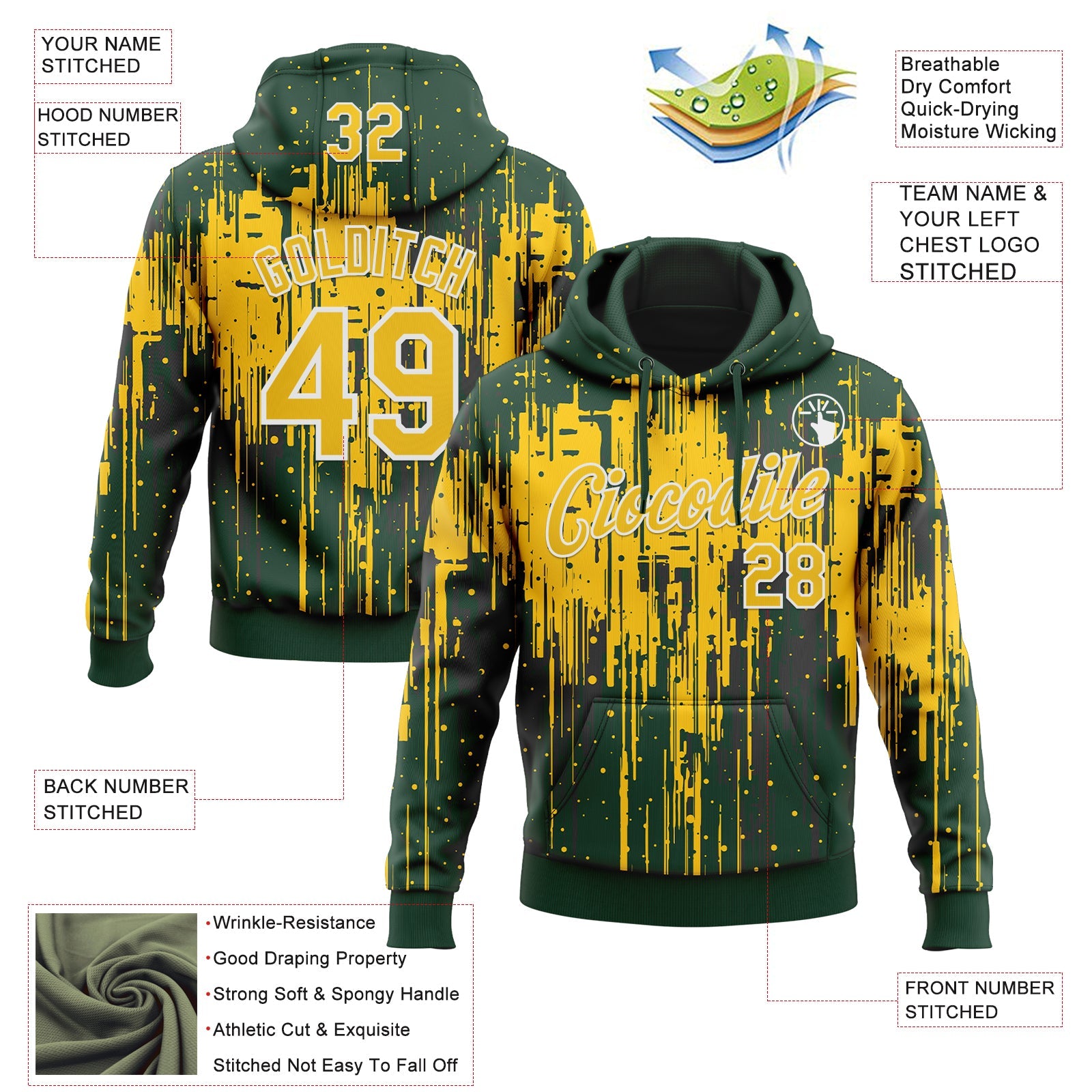 Custom Stitched Green Yellow-White Dripping Splatter Sports Pullover Sweatshirt Hoodie view 4