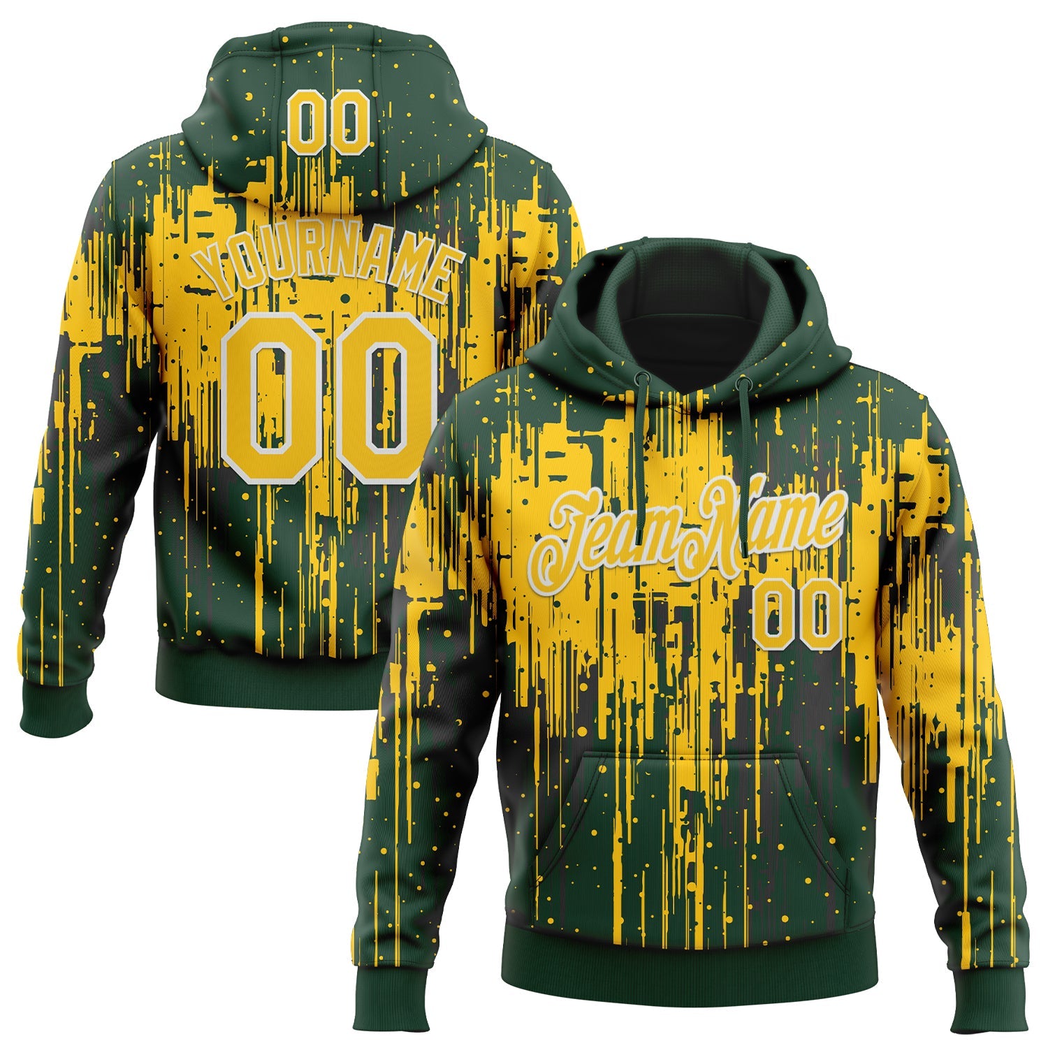 Custom Stitched Green Yellow-White Dripping Splatter Sports Pullover Sweatshirt Hoodie - Main View