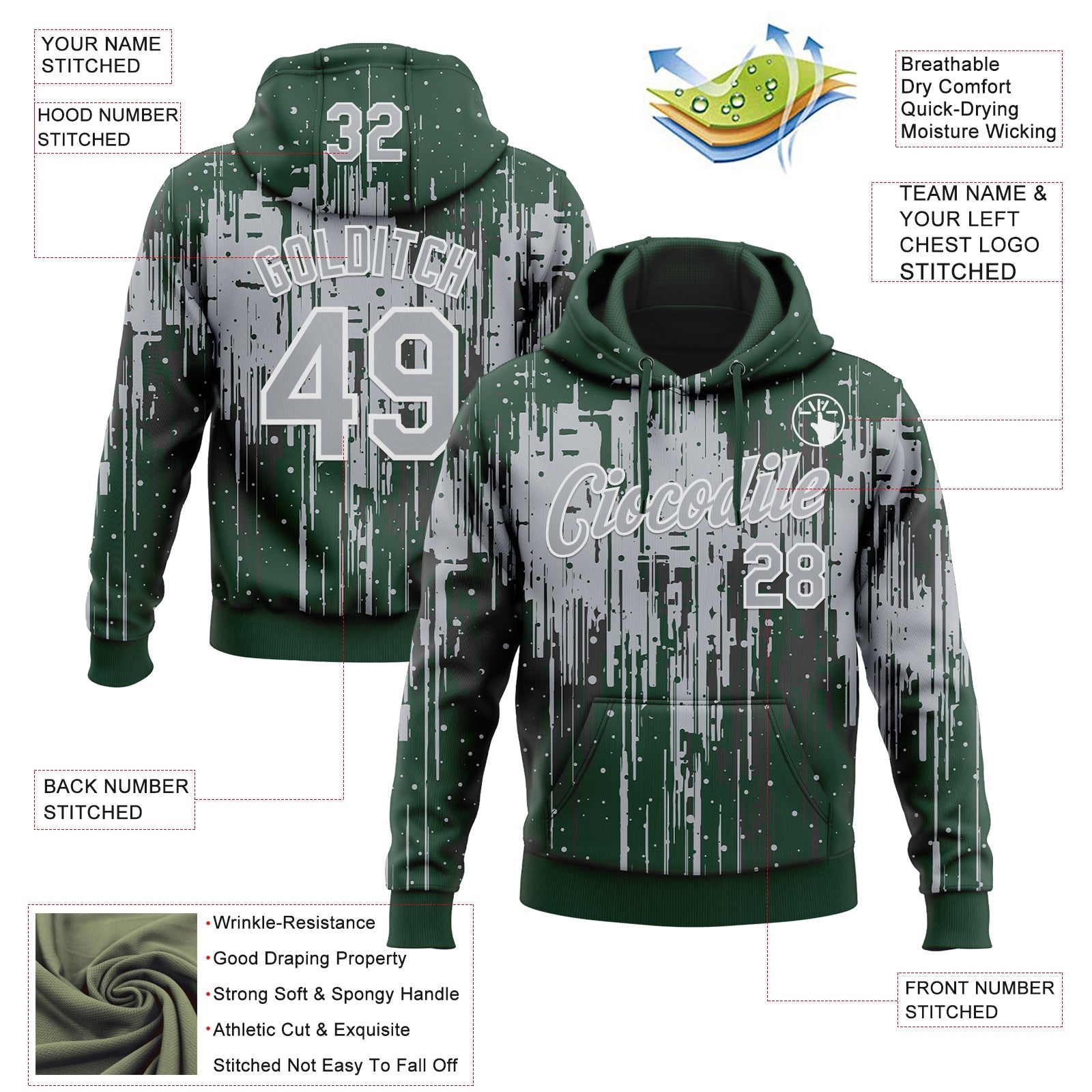 Custom Stitched Green Gray-White Dripping Splatter Sports Pullover Sweatshirt Hoodie view 4
