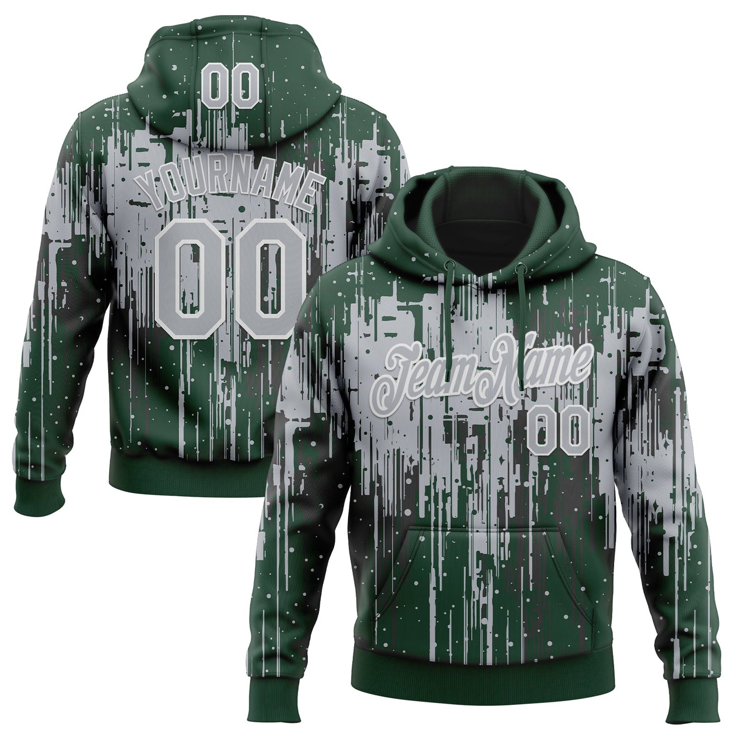 Custom Stitched Green Gray-White Dripping Splatter Sports Pullover Sweatshirt Hoodie - Main View