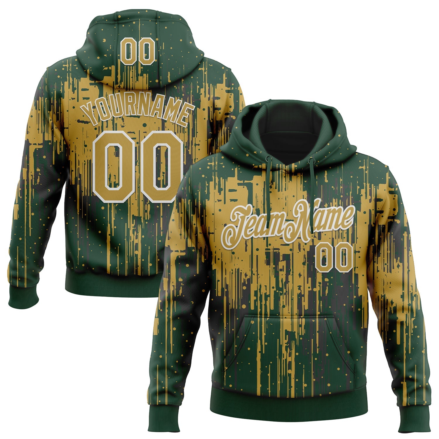 Custom Stitched Green Old Gold-White Dripping Splatter Sports Pullover Sweatshirt Hoodie - Main View