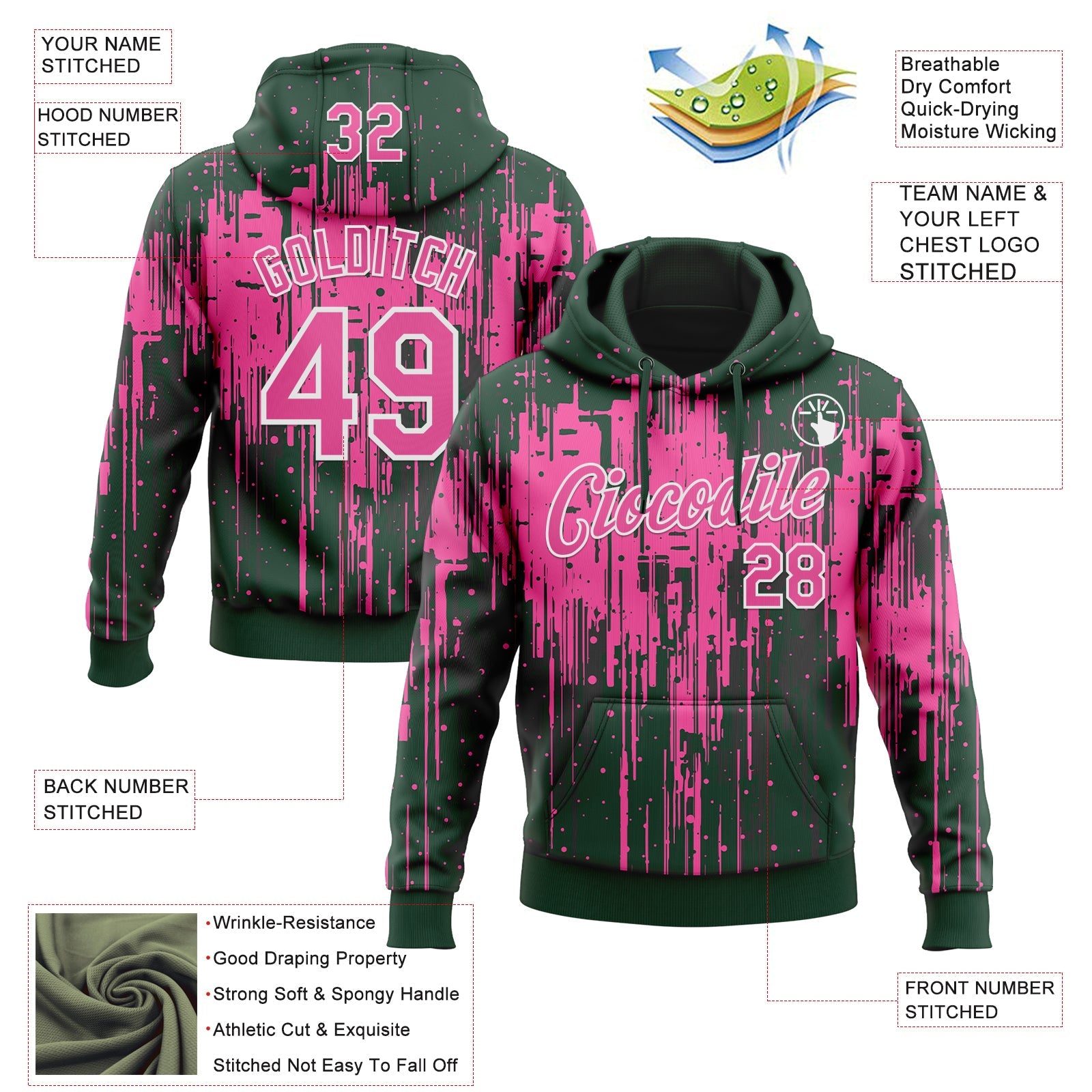 Custom Stitched Green Pink-White Dripping Splatter Sports Pullover Sweatshirt Hoodie view 4