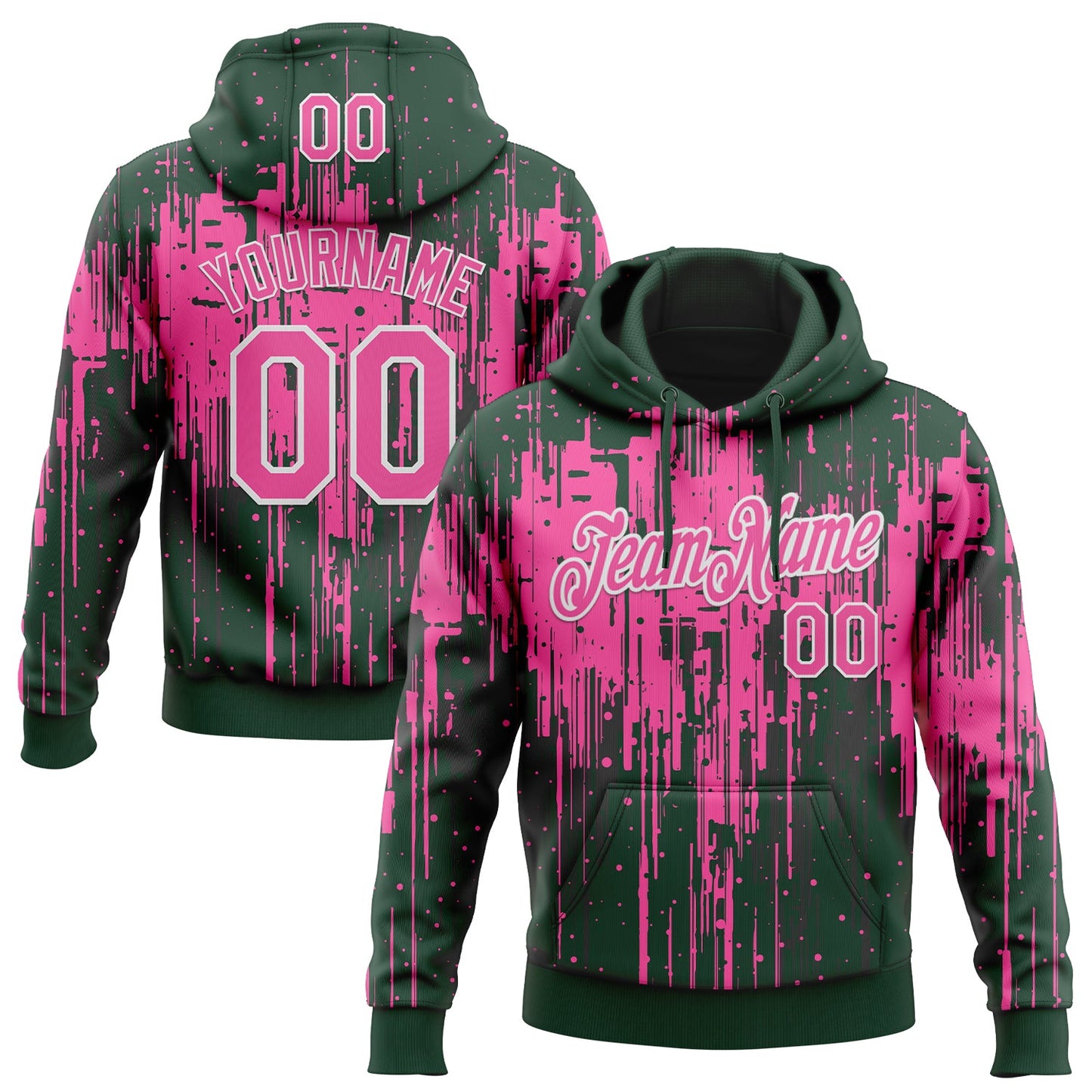 Custom Stitched Green Pink-White Dripping Splatter Sports Pullover Sweatshirt Hoodie - Main View