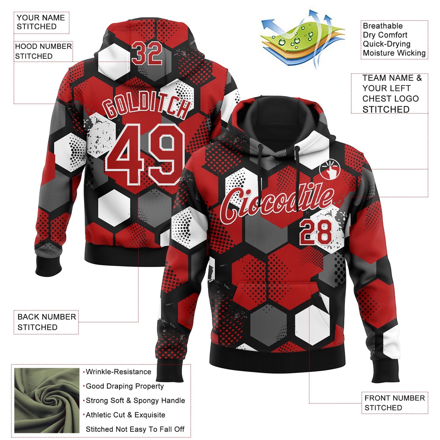 Custom Stitched Black Red-White Geometric Shape Pattern Sports Pullover Sweatshirt Hoodie view 4