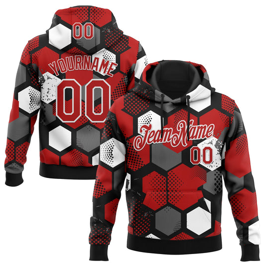 Custom Stitched Black Red-White Geometric Shape Pattern Sports Pullover Sweatshirt Hoodie - Main View