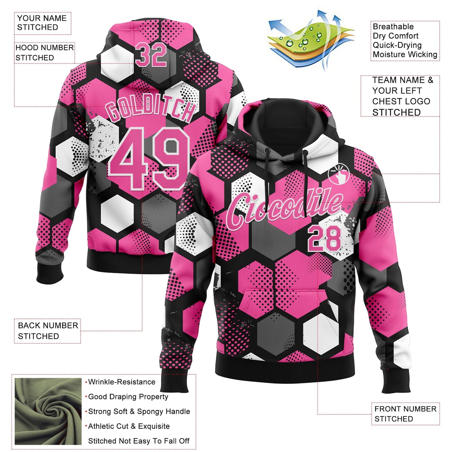 Custom Stitched Black Pink-White Geometric Shape Pattern Sports Pullover Sweatshirt Hoodie view 4