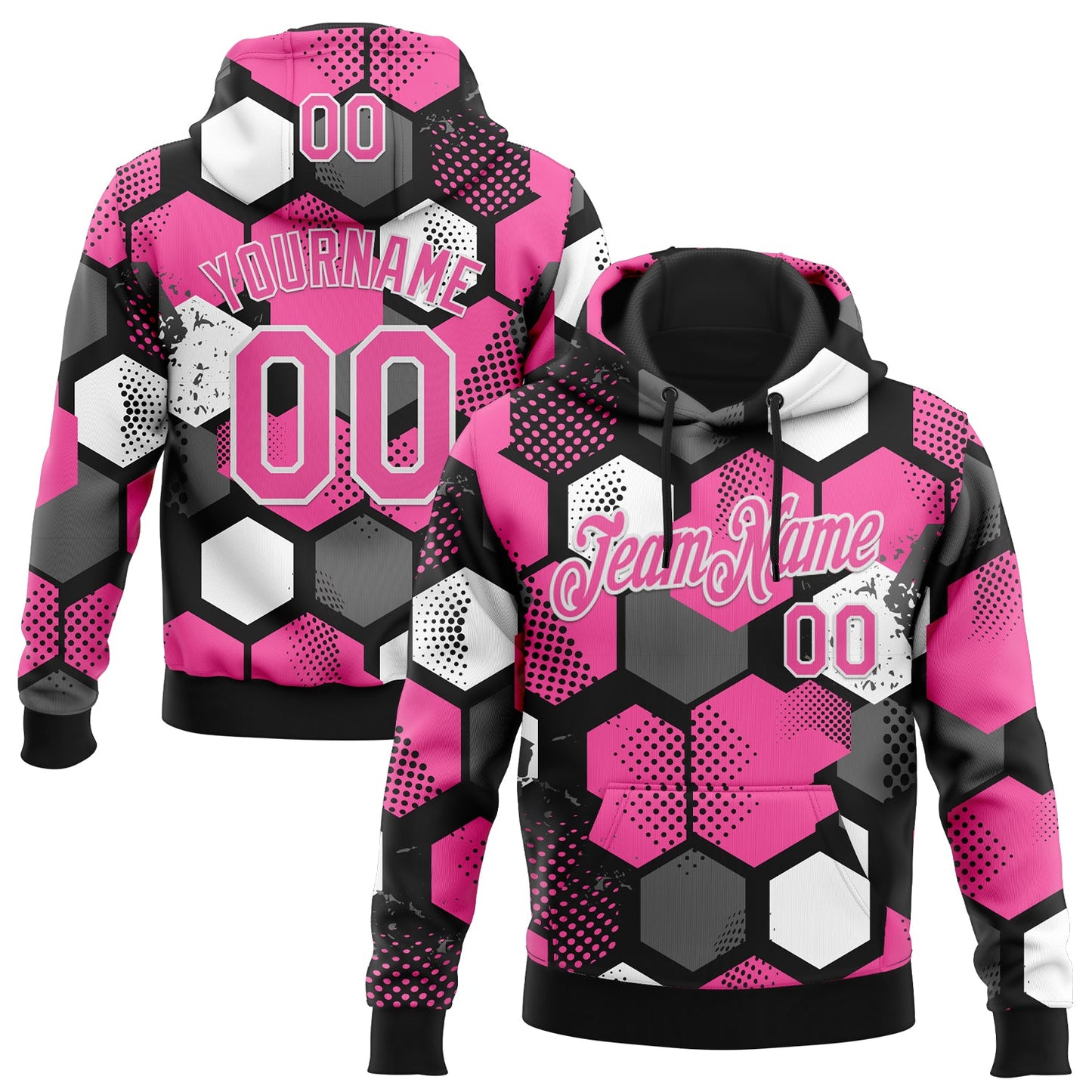 Custom Stitched Black Pink-White Geometric Shape Pattern Sports Pullover Sweatshirt Hoodie - Main View