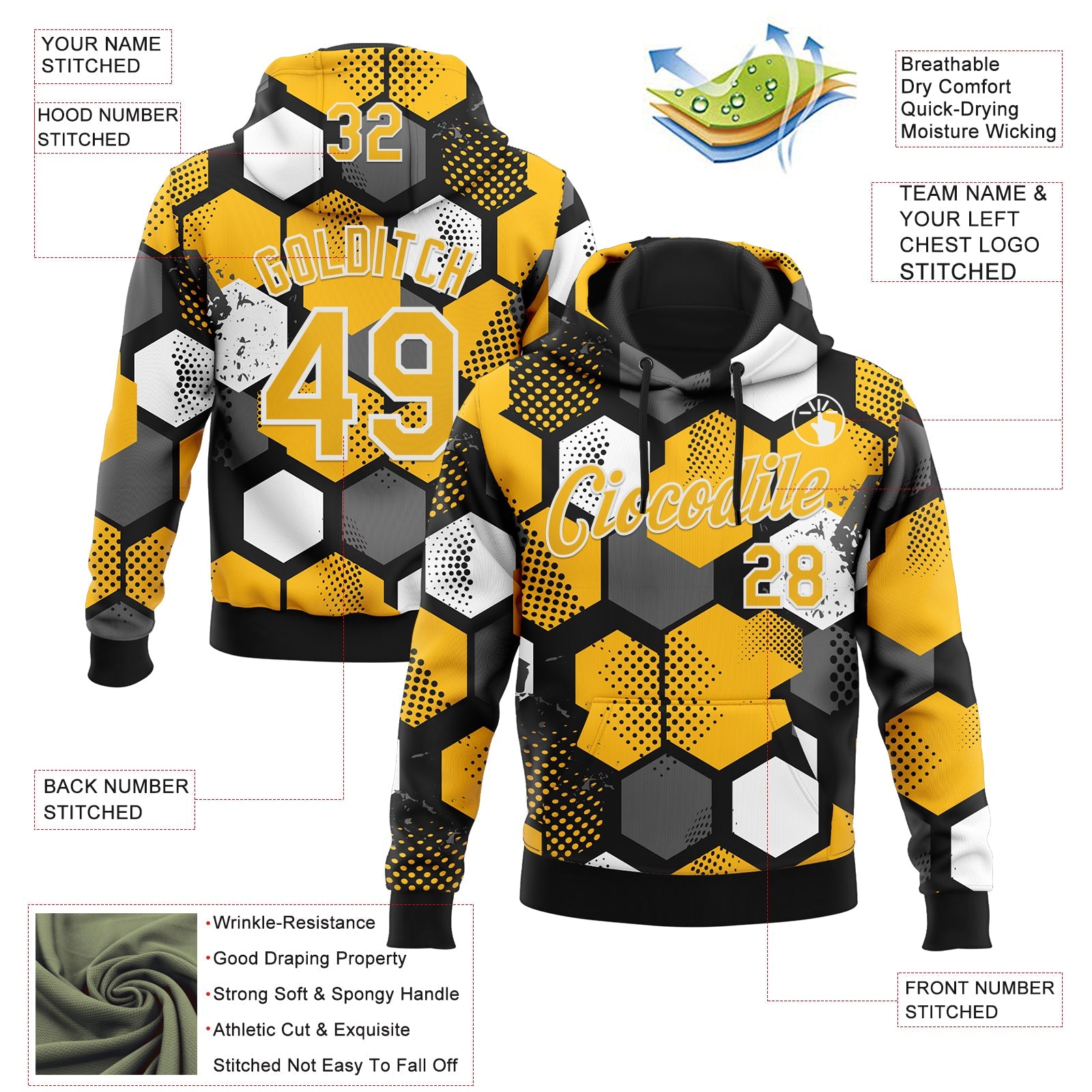 Custom Stitched Black Gold-White Geometric Shape Pattern Sports Pullover Sweatshirt Hoodie view 4