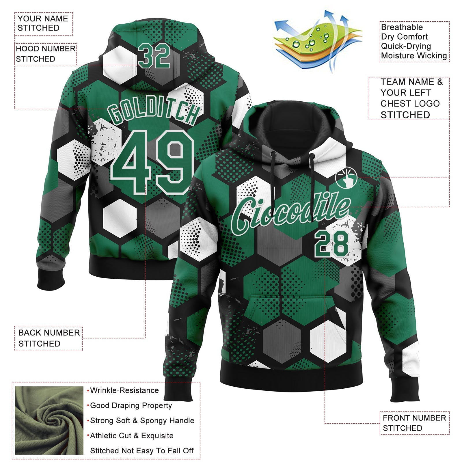 Custom Stitched Black Kelly Green-White Geometric Shape Pattern Sports Pullover Sweatshirt Hoodie view 4
