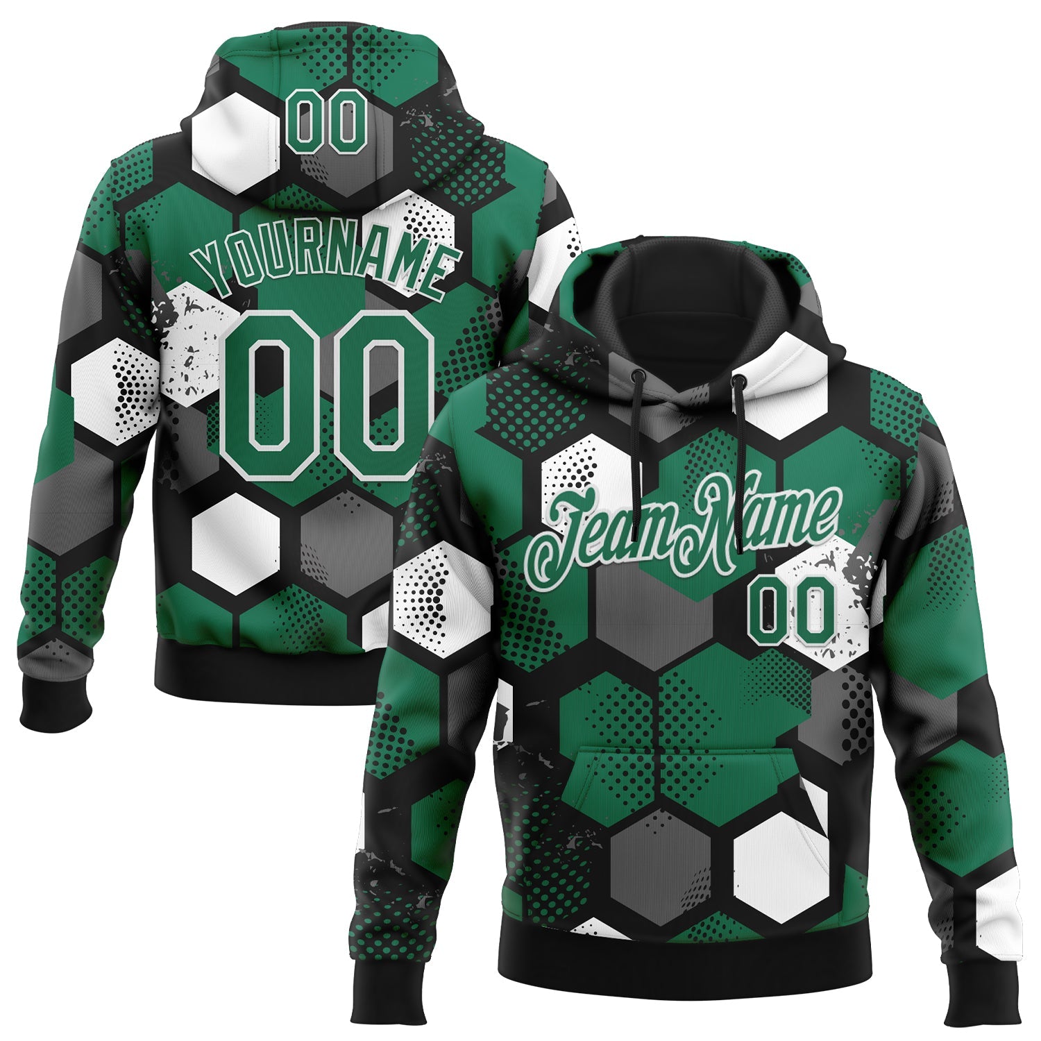 Custom Stitched Black Kelly Green-White Geometric Shape Pattern Sports Pullover Sweatshirt Hoodie - Main View