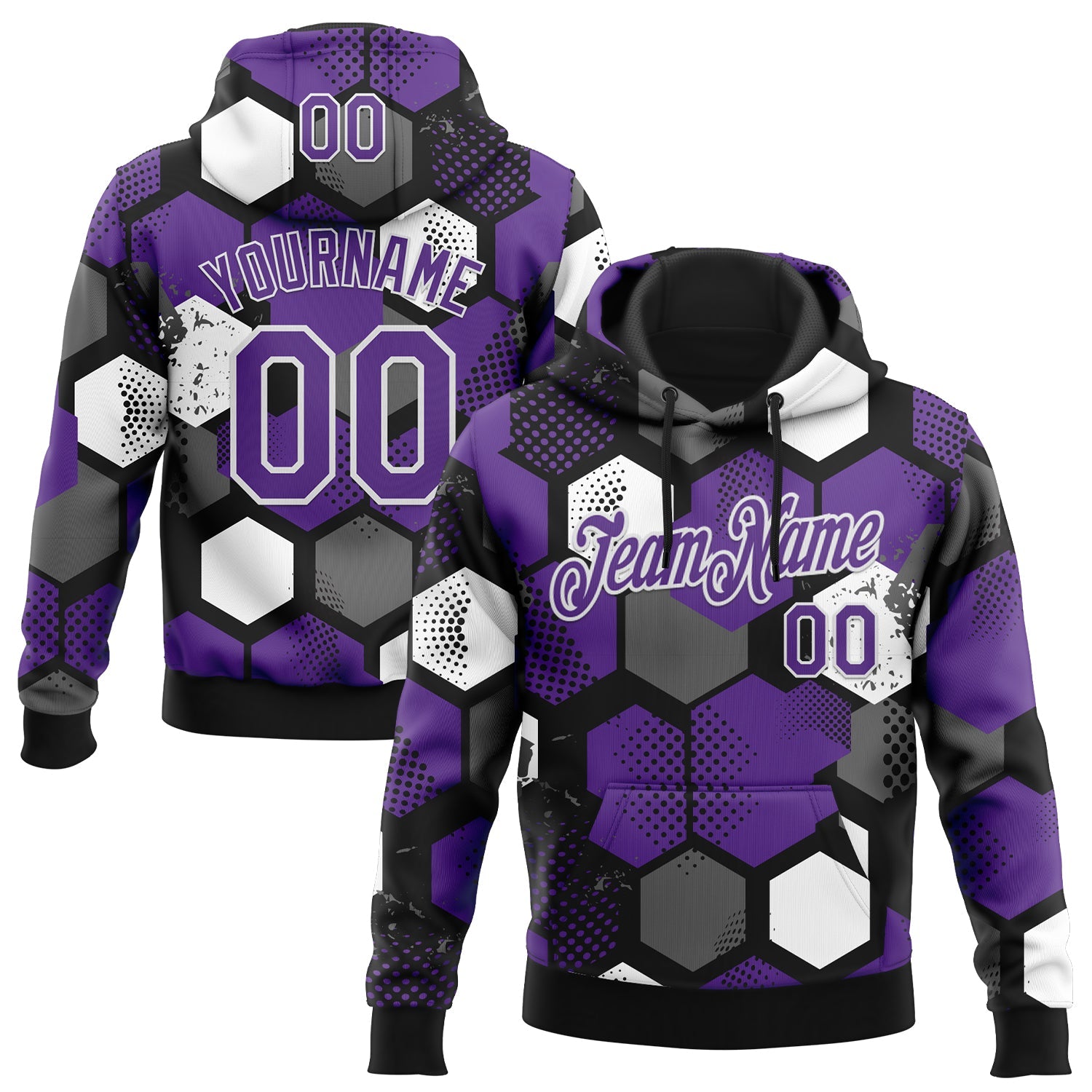 Custom Stitched Black Purple-White Geometric Shape Pattern Sports Pullover Sweatshirt Hoodie - Main View