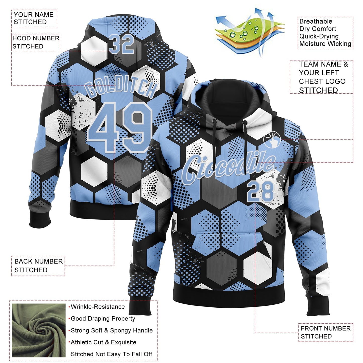 Custom Stitched Black Light Blue-White Geometric Shape Pattern Sports Pullover Sweatshirt Hoodie view 4