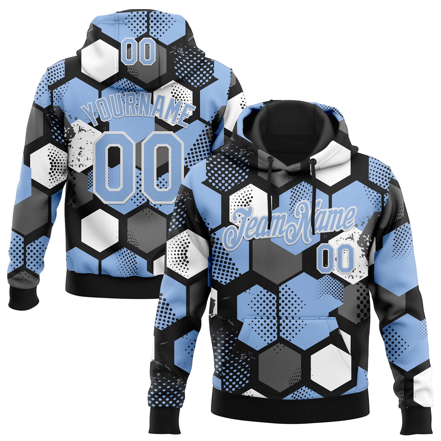 Custom Stitched Black Light Blue-White Geometric Shape Pattern Sports Pullover Sweatshirt Hoodie - Main View