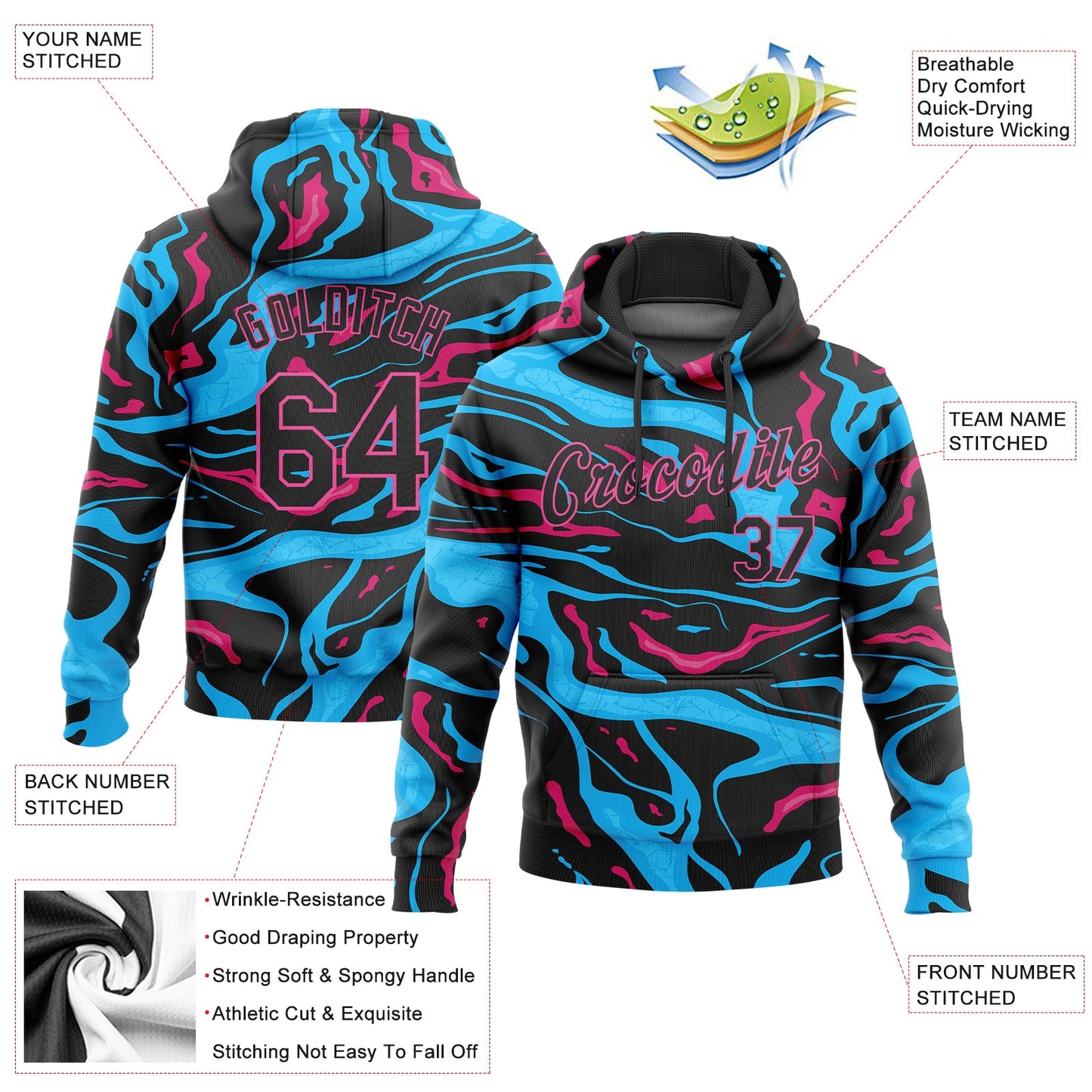 Custom Stitched Light Blue Black-Pink 3D Pattern Design Sports Pullover Sweatshirt Hoodie view 2
