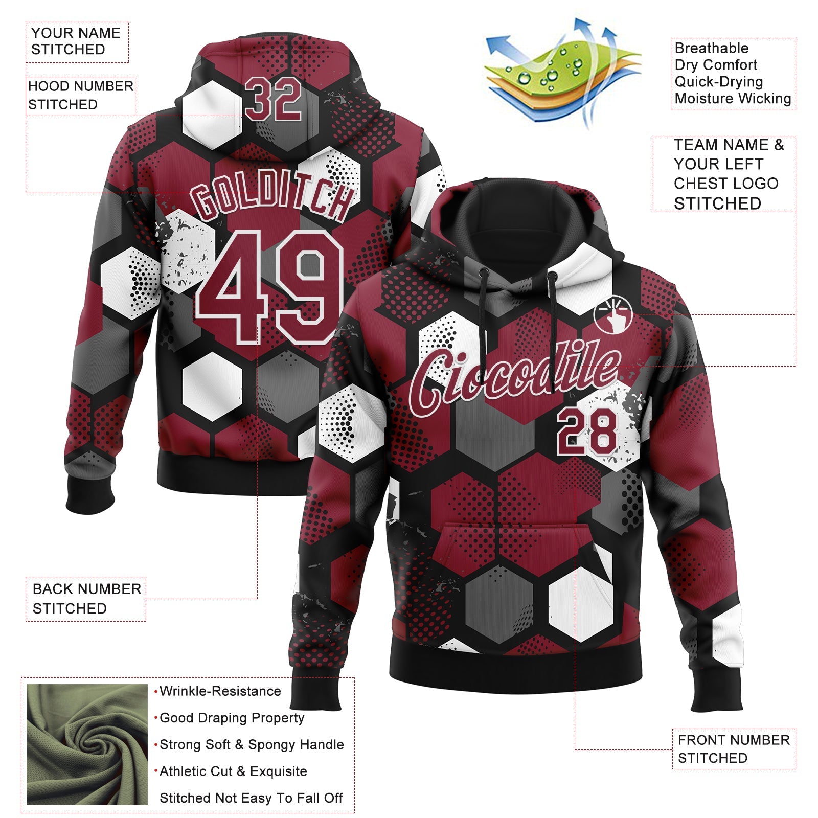 Custom Stitched Black Crimson-White Geometric Shape Pattern Sports Pullover Sweatshirt Hoodie view 4