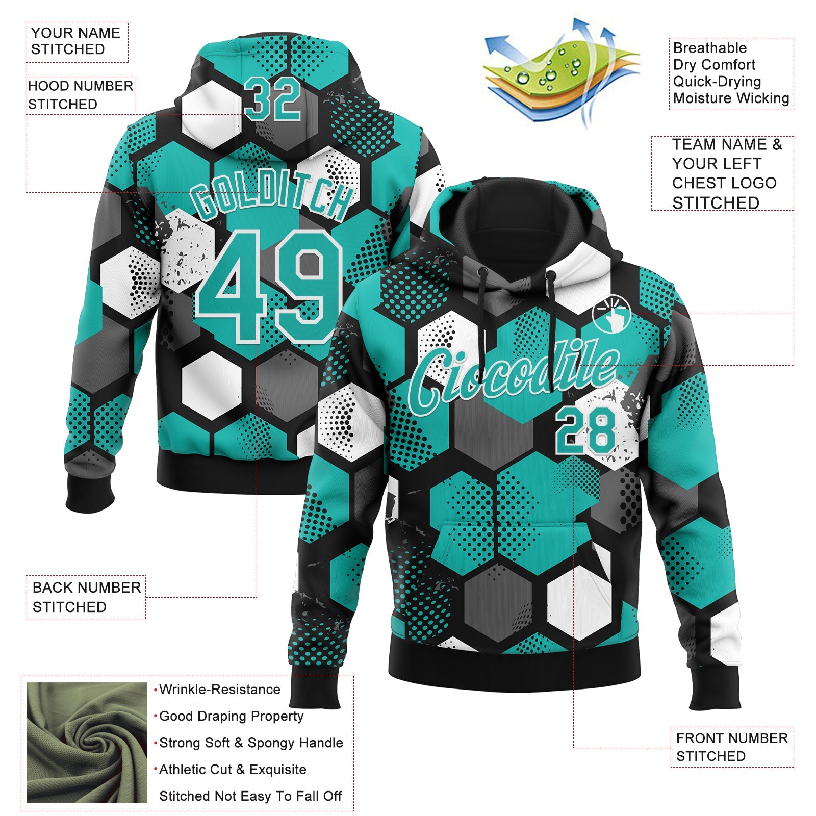 Custom Stitched Black Aqua-White Geometric Shape Pattern Sports Pullover Sweatshirt Hoodie view 4