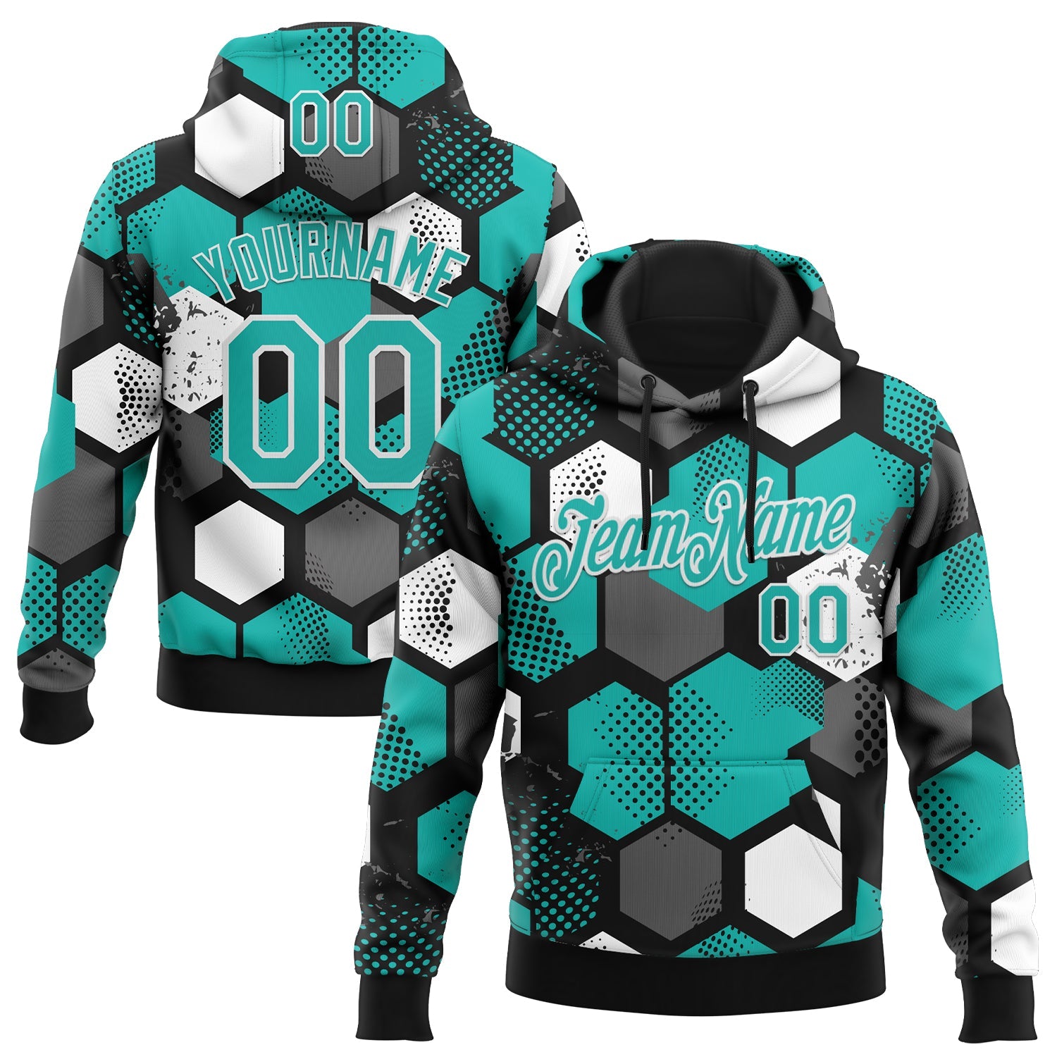 Custom Stitched Black Aqua-White Geometric Shape Pattern Sports Pullover Sweatshirt Hoodie - Main View