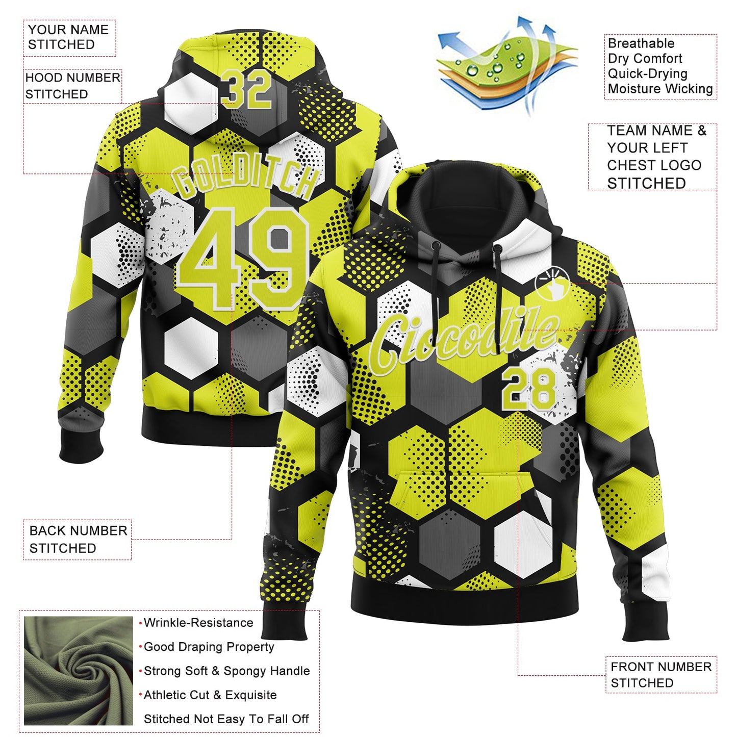 Custom Stitched Black Neon Yellow-White Geometric Shape Pattern Sports Pullover Sweatshirt Hoodie view 4