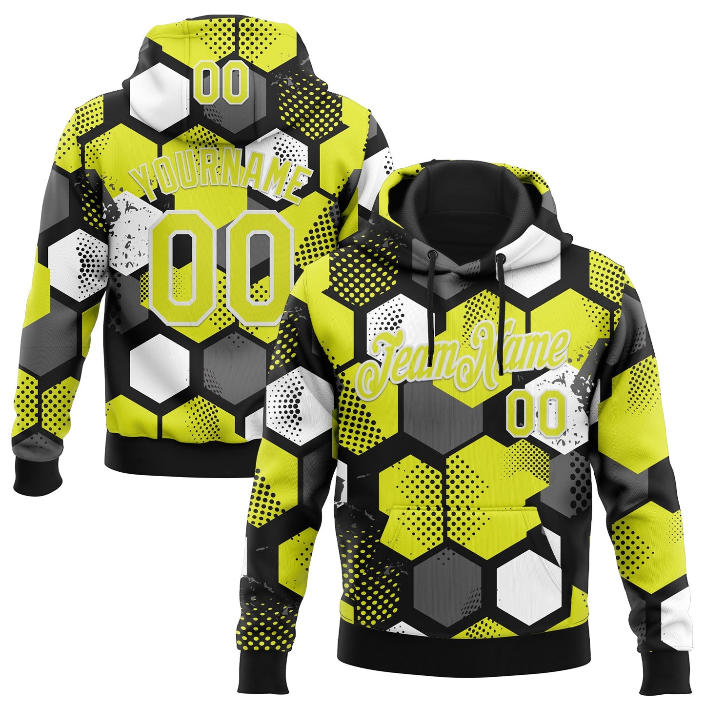 Custom Stitched Black Neon Yellow-White Geometric Shape Pattern Sports Pullover Sweatshirt Hoodie - Main View