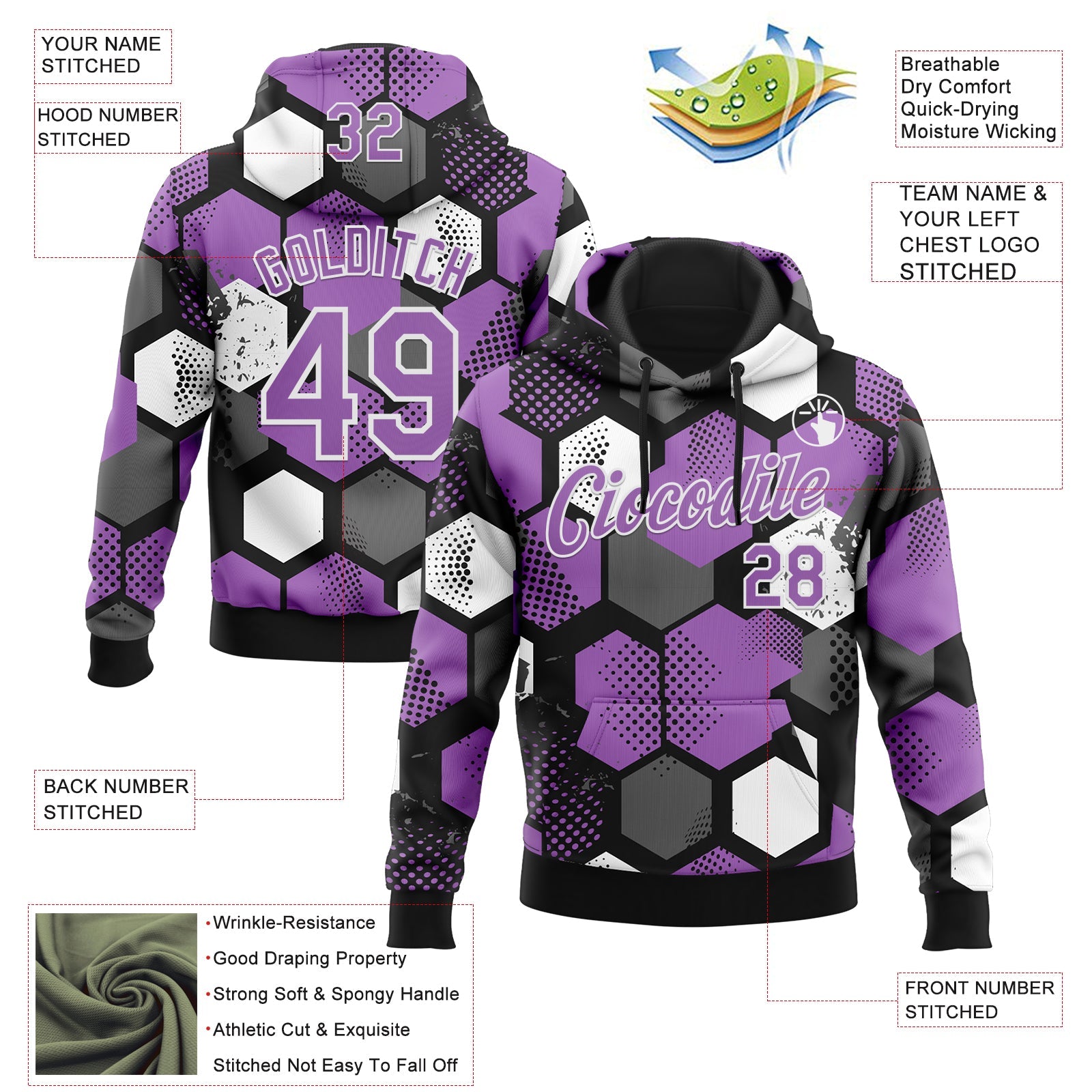 Custom Stitched Black Medium Purple-White Geometric Shape Pattern Sports Pullover Sweatshirt Hoodie view 4