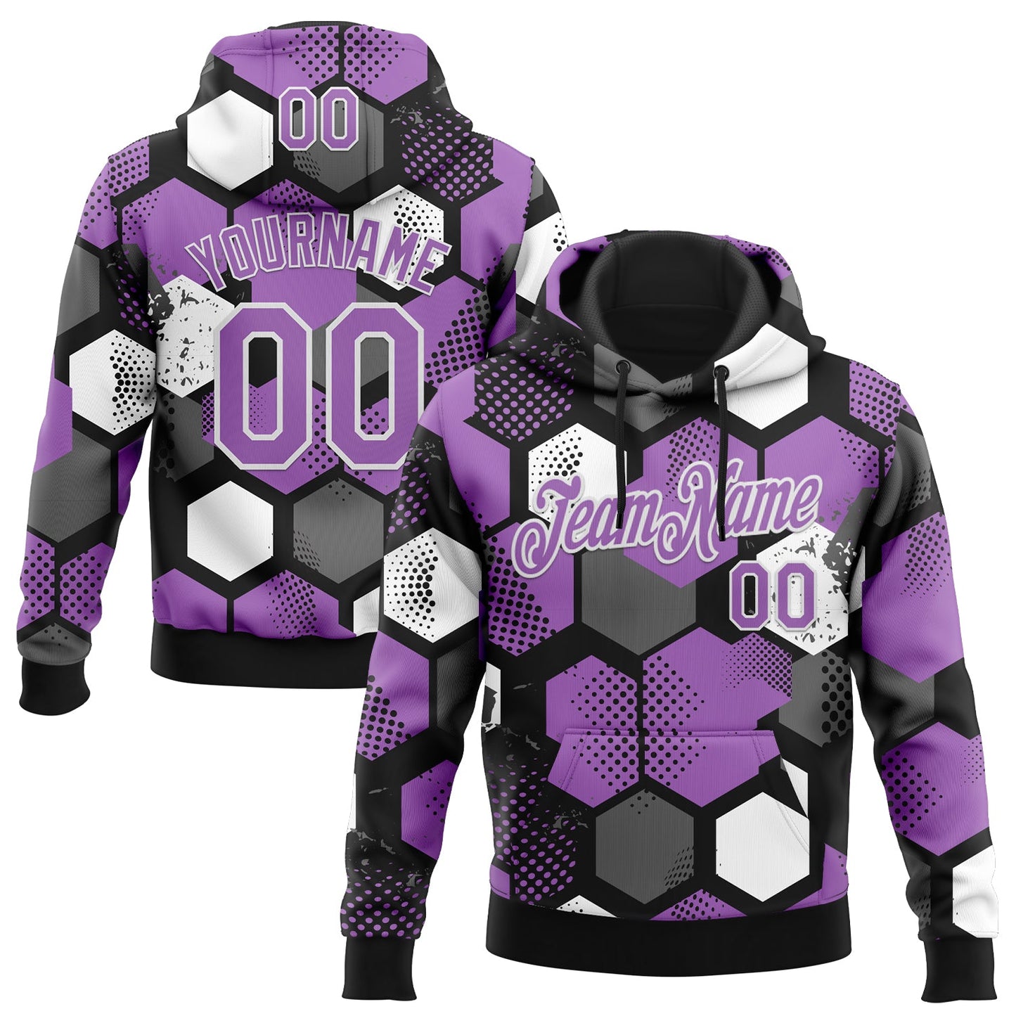 Custom Stitched Black Medium Purple-White Geometric Shape Pattern Sports Pullover Sweatshirt Hoodie - Main View