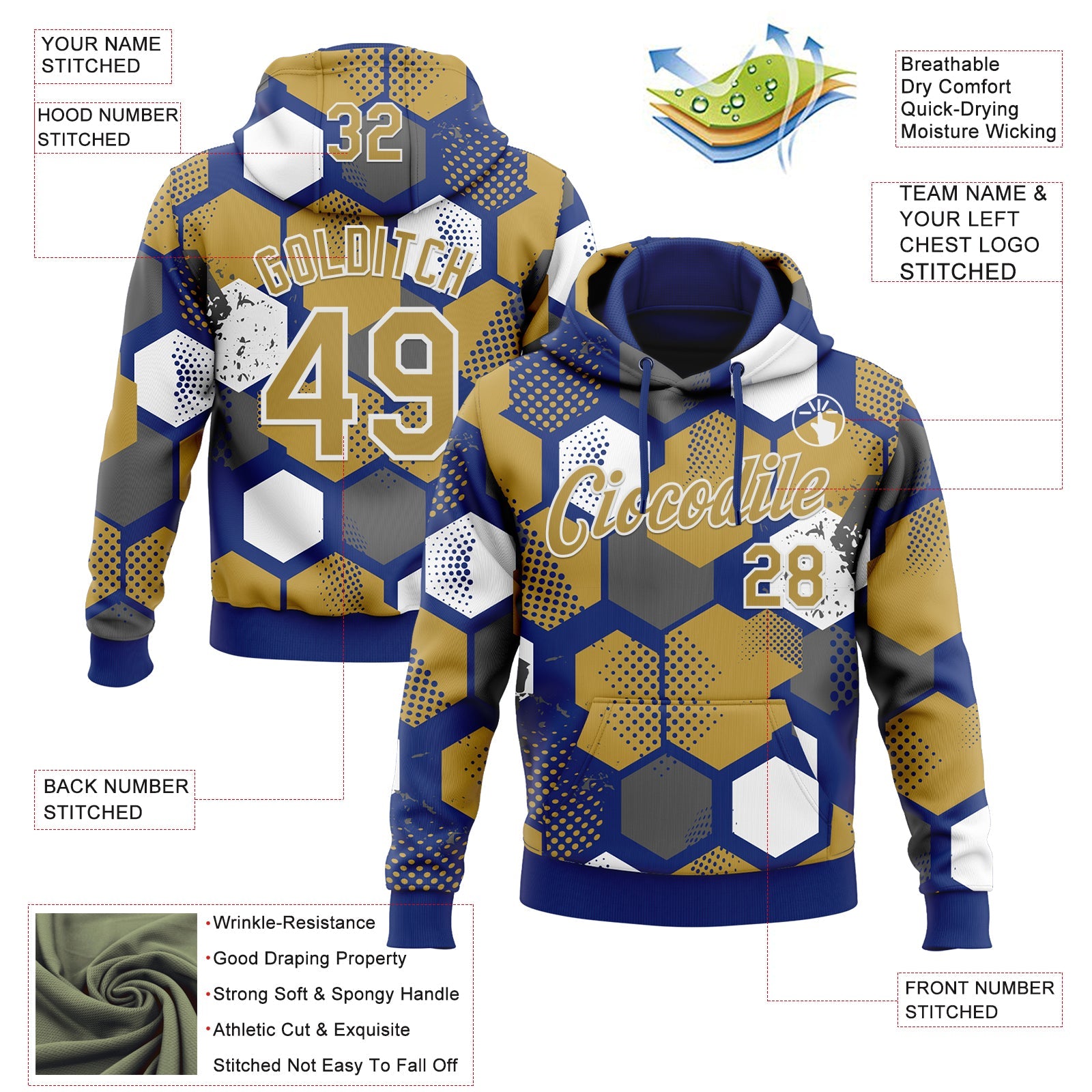 Custom Stitched Royal Old Gold-White Geometric Shape Pattern Sports Pullover Sweatshirt Hoodie view 4