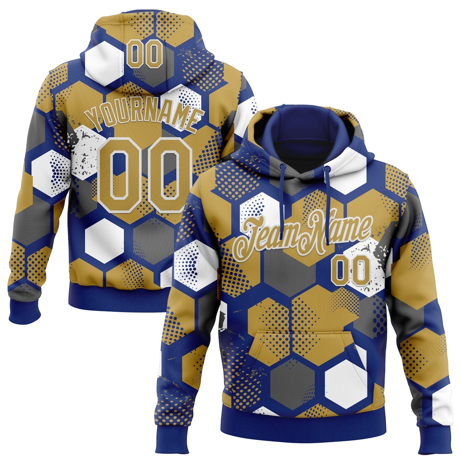 Custom Stitched Royal Old Gold-White Geometric Shape Pattern Sports Pullover Sweatshirt Hoodie - Main View
