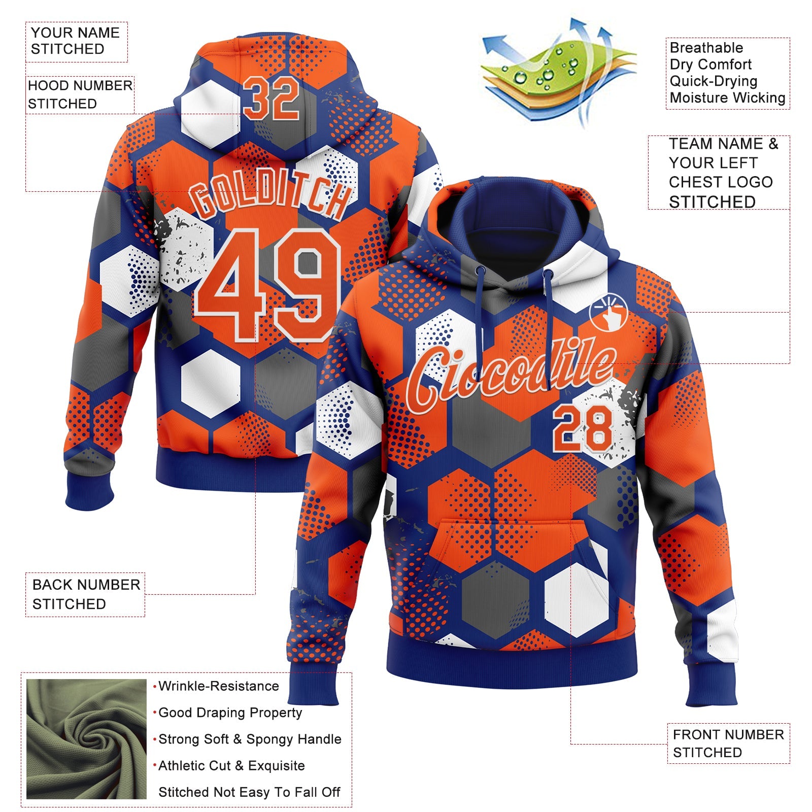 Custom Stitched Royal Orange-White Geometric Shape Pattern Sports Pullover Sweatshirt Hoodie view 4