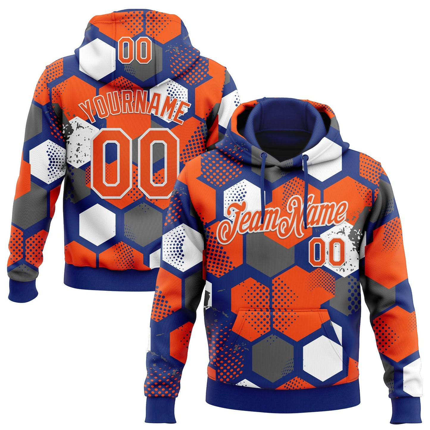 Custom Stitched Royal Orange-White Geometric Shape Pattern Sports Pullover Sweatshirt Hoodie - Main View