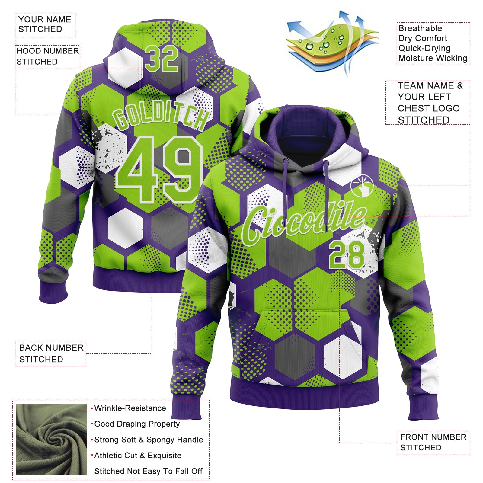 Custom Stitched Purple Neon Green-White Geometric Shape Pattern Sports Pullover Sweatshirt Hoodie view 4
