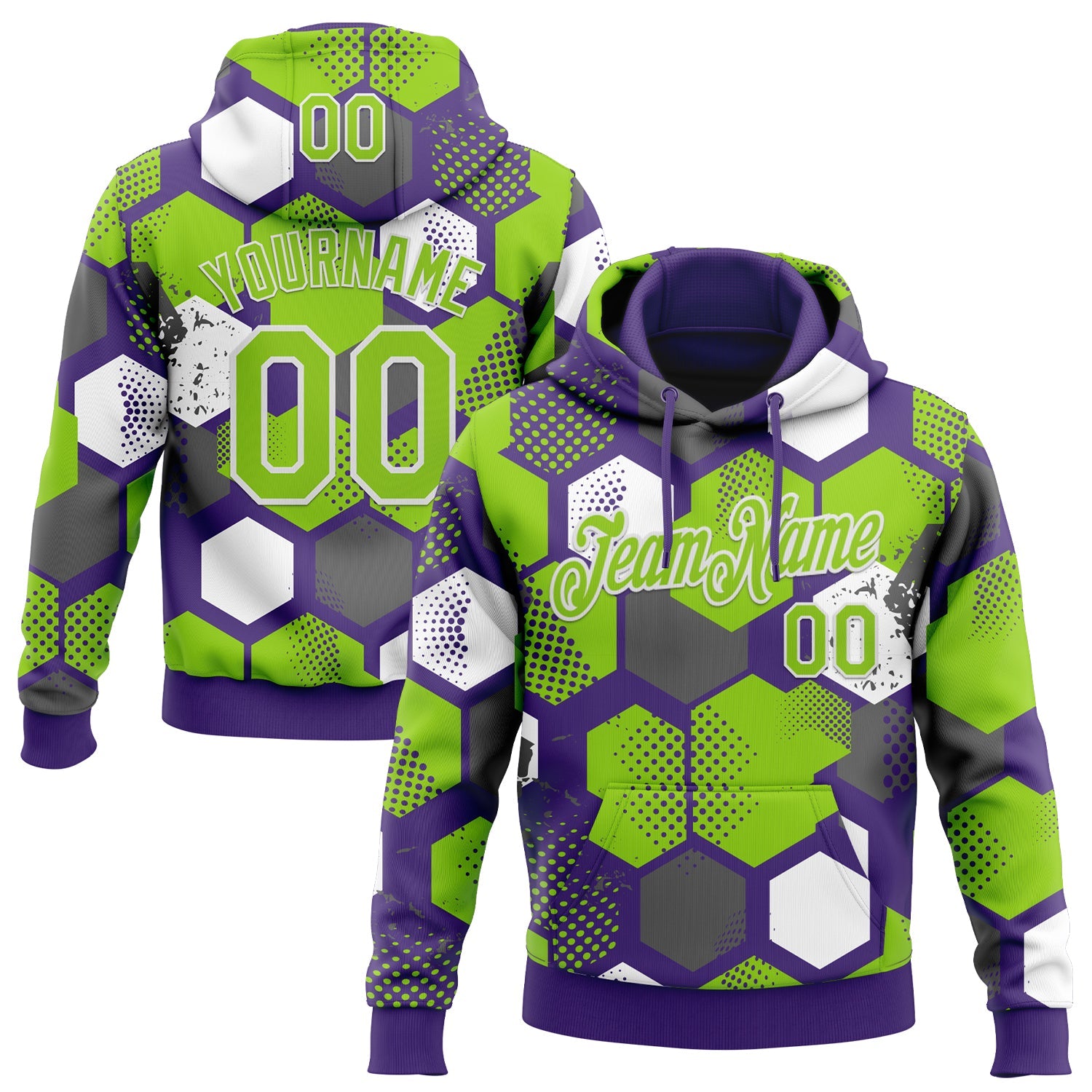 Custom Stitched Purple Neon Green-White Geometric Shape Pattern Sports Pullover Sweatshirt Hoodie - Main View