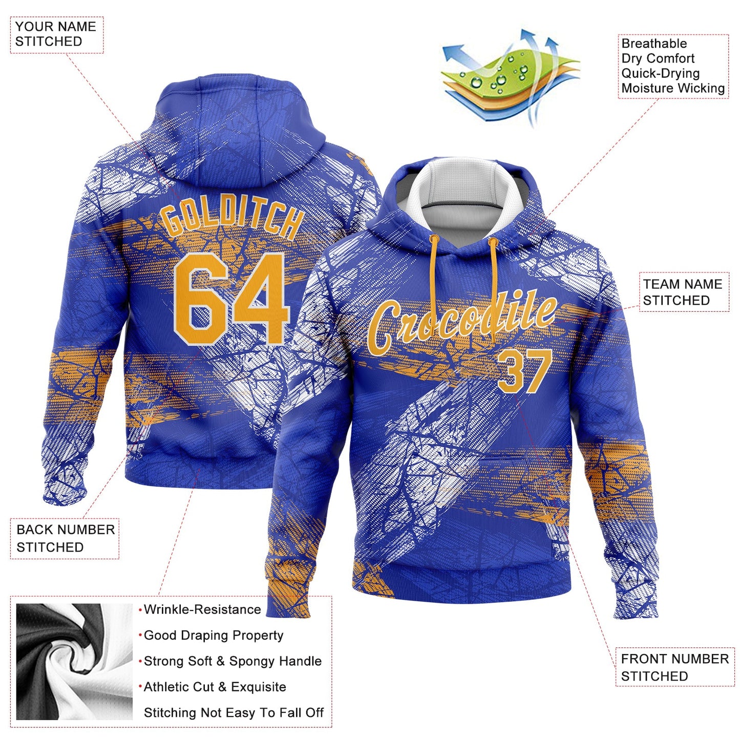 Custom Stitched Royal Gold-White 3D Pattern Design Sports Pullover Sweatshirt Hoodie view 2