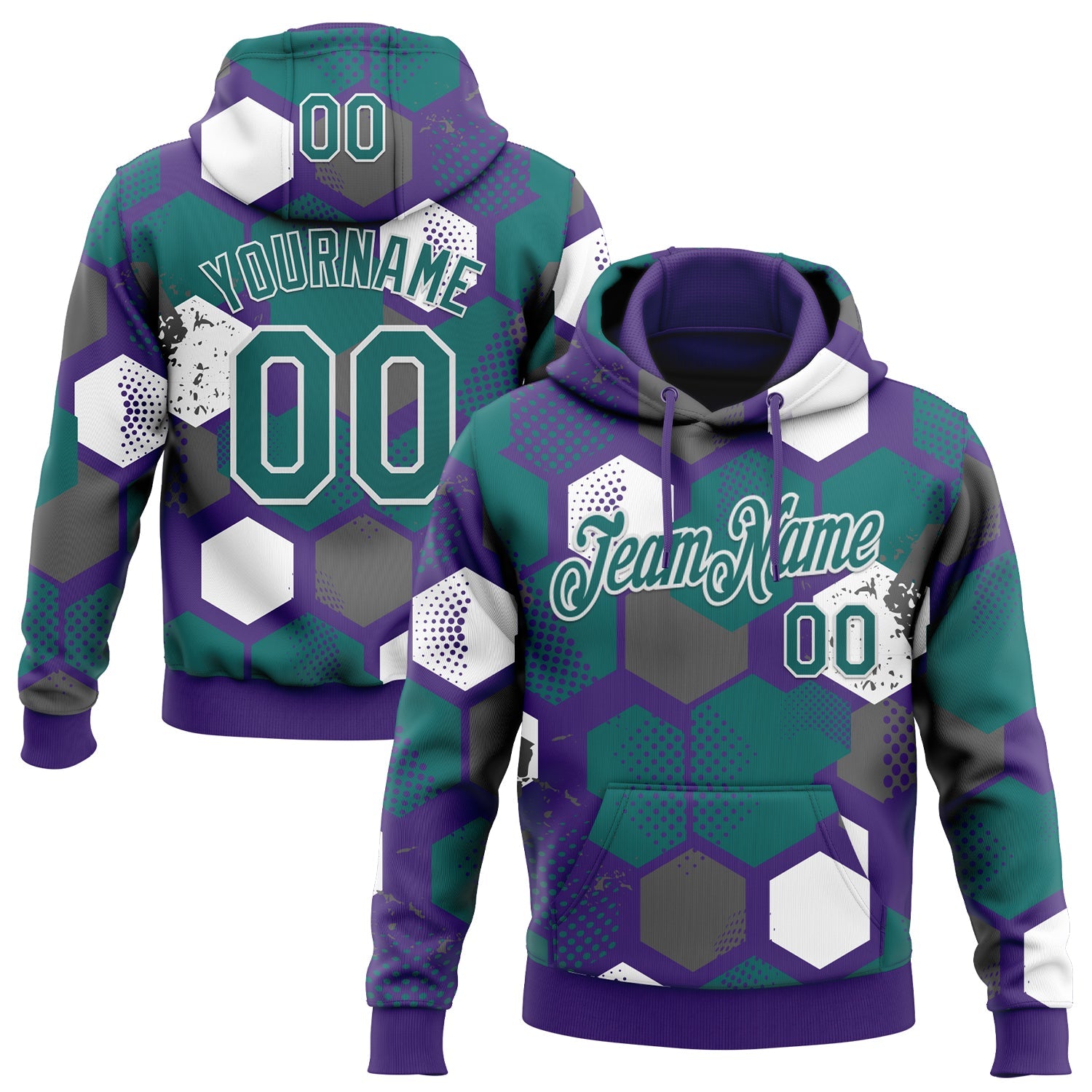 Custom Stitched Purple Teal-White Geometric Shape Pattern Sports Pullover Sweatshirt Hoodie - Main View