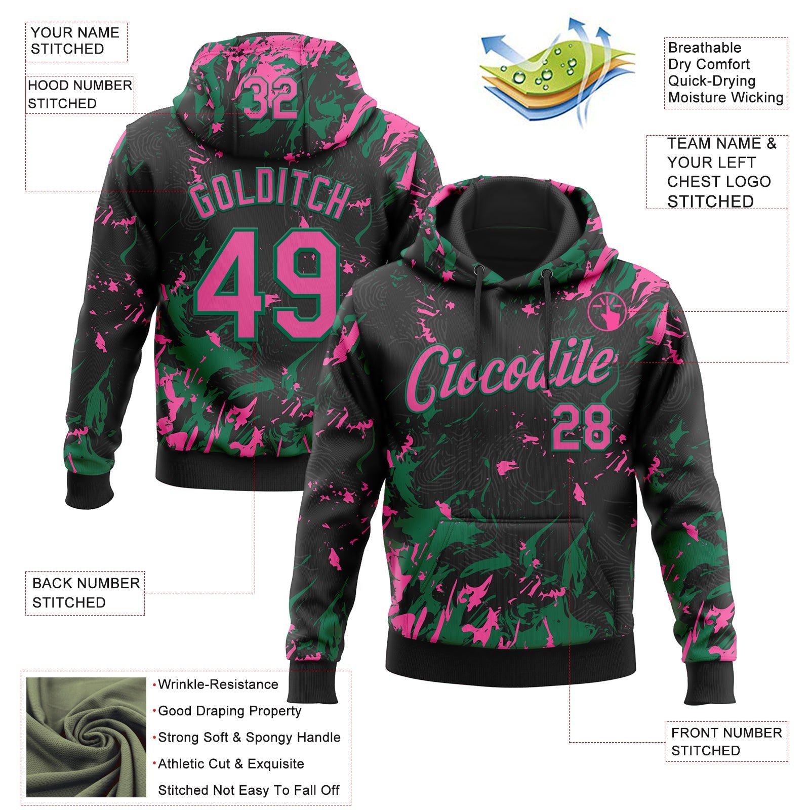 Custom Stitched Black Pink-Kelly Green Splash Sports Pullover Sweatshirt Hoodie view 4